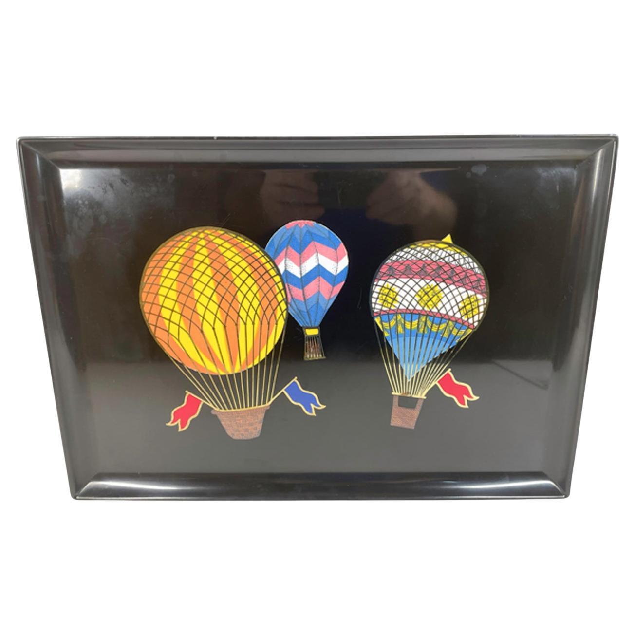 Mid-Century Couroc Phenolic Resin Tray w/Resin & Brass Inlaid Hot Air Balloons