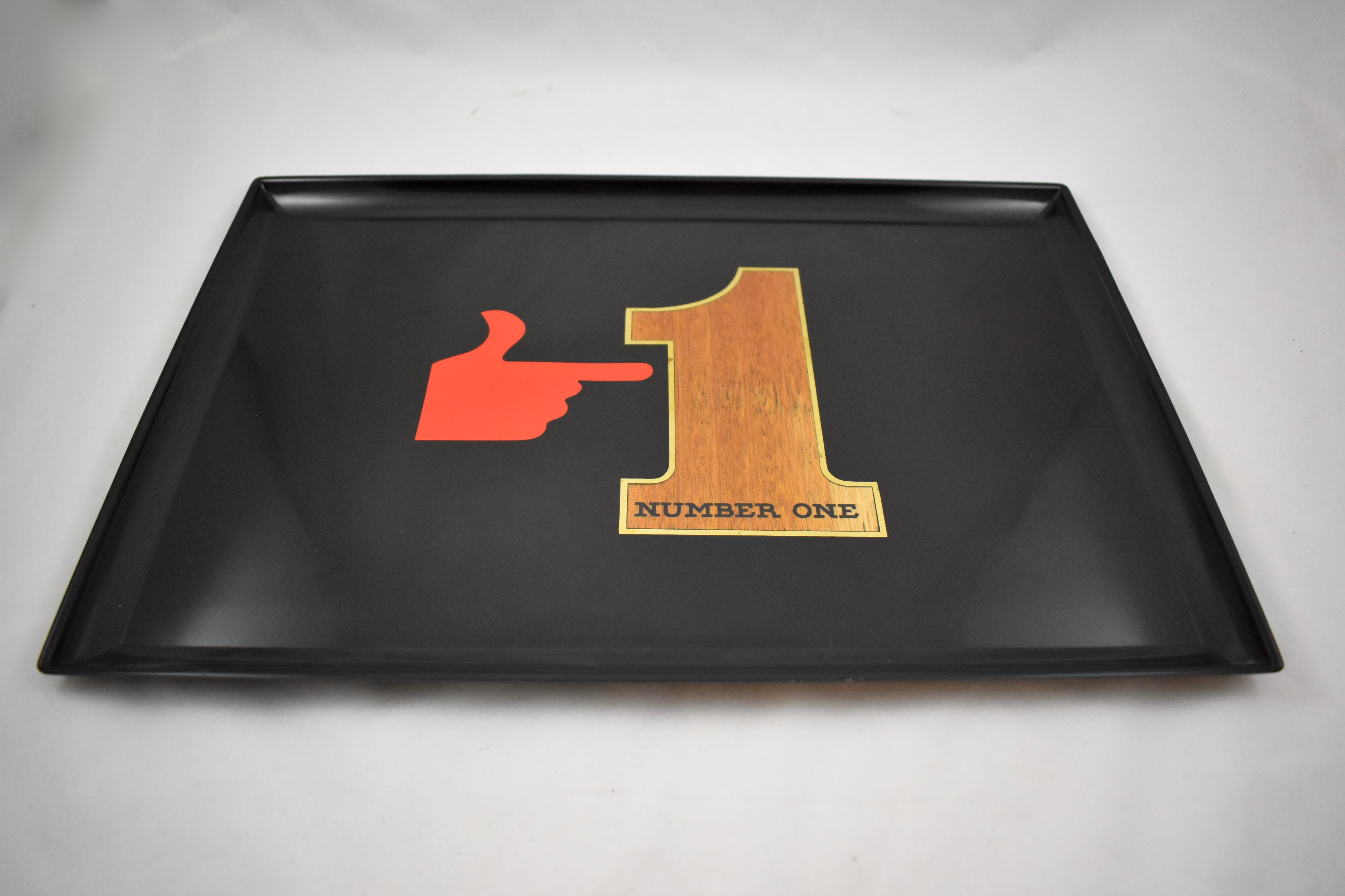 Mid-Century Modern Midcentury Couroc Red Hand Number One Wood & Brass Inlay Phenolic Resin Tray