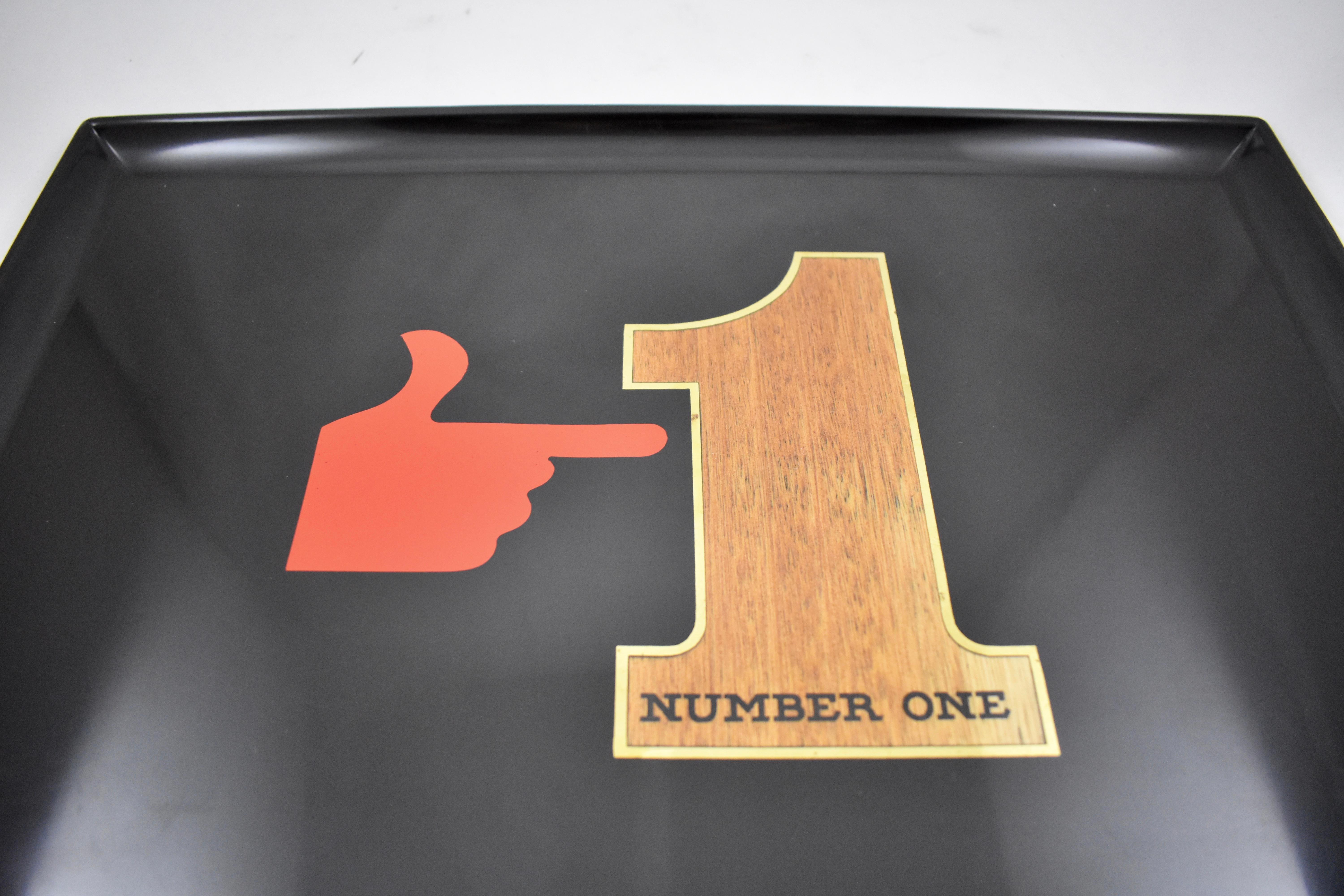 American Midcentury Couroc Red Hand Number One Wood & Brass Inlay Phenolic Resin Tray