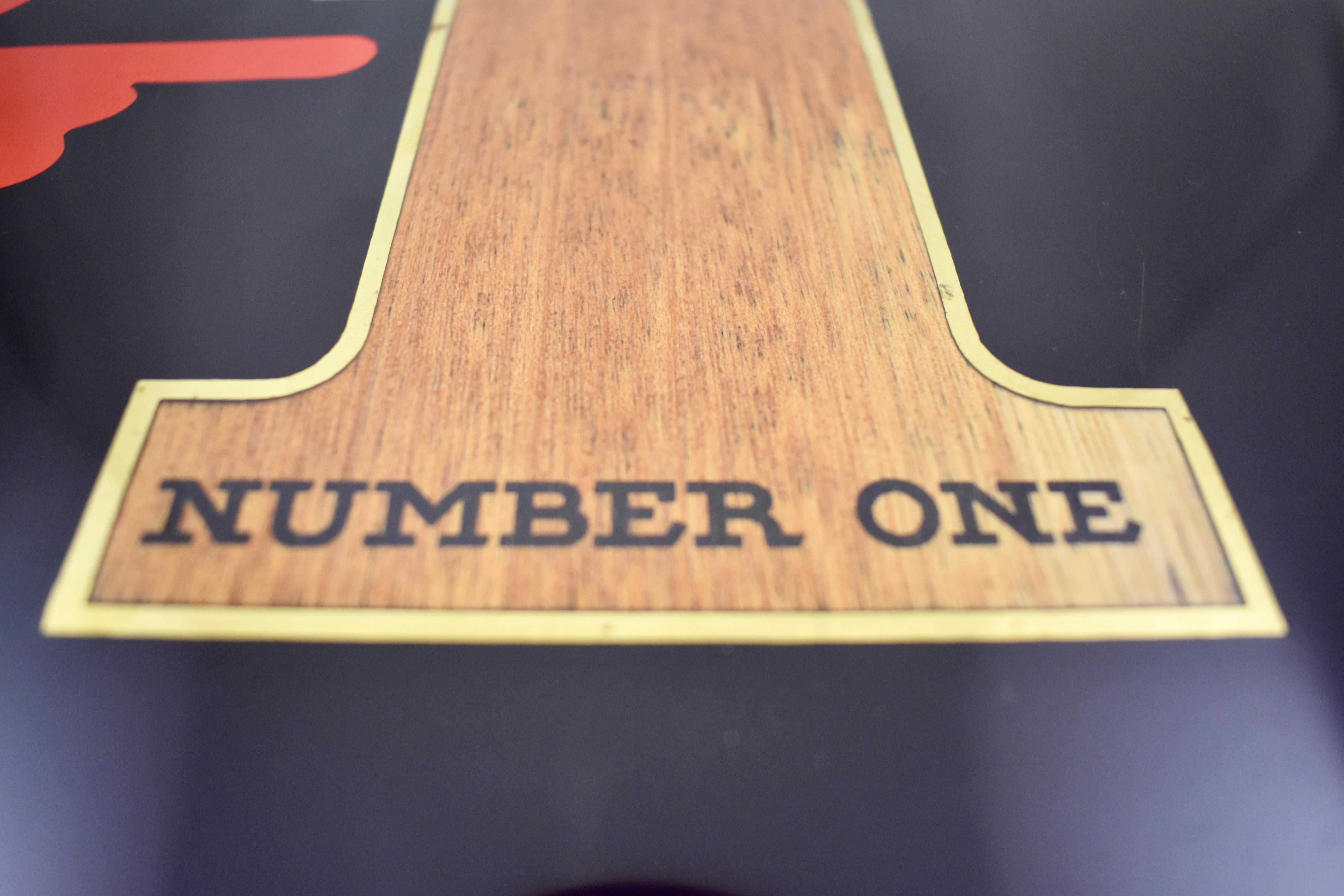 Midcentury Couroc Red Hand Number One Wood & Brass Inlay Phenolic Resin Tray In Good Condition In Philadelphia, PA