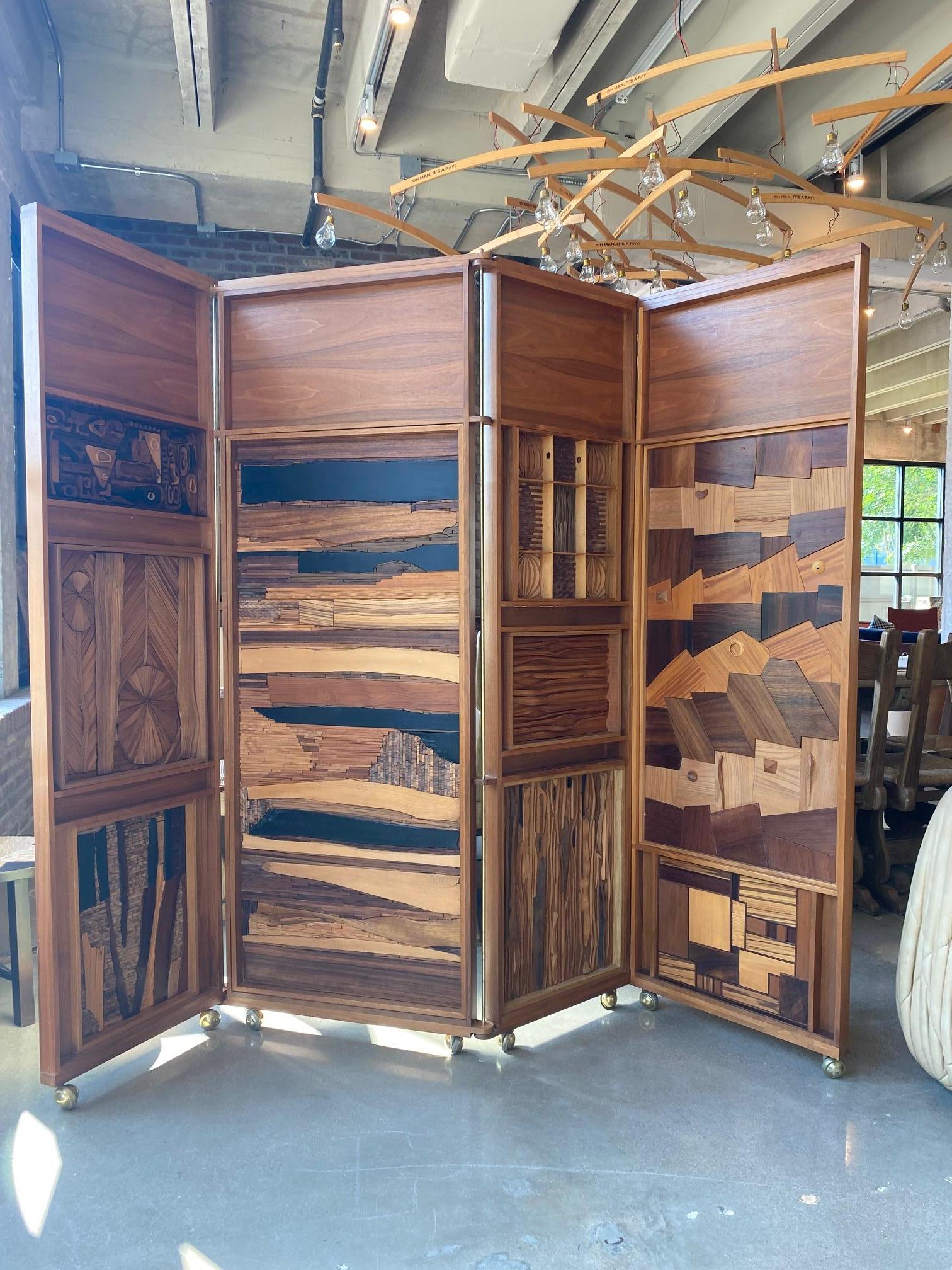 Mid-Century Craftsman Four Panel Wood Screen, USA, 1970's For Sale 5