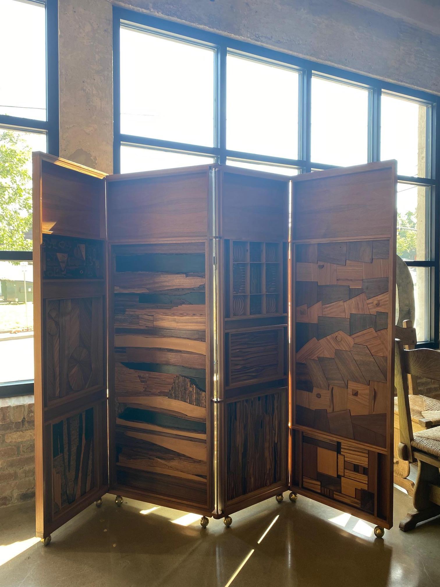 Mid-Century Craftsman Four Panel Wood Screen, USA, 1970's For Sale 12