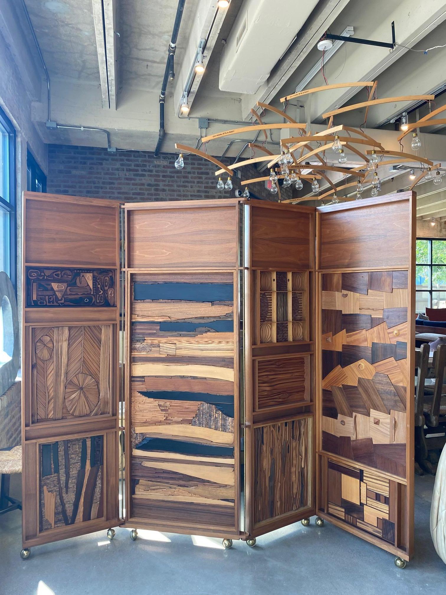 Mid-Century Modern Mid-Century Craftsman Four Panel Wood Screen, USA, 1970's For Sale