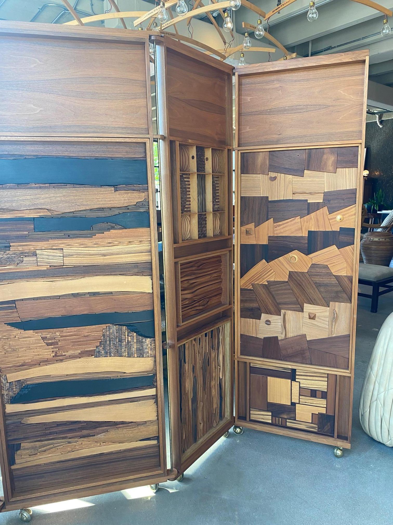 Hardwood Mid-Century Craftsman Four Panel Wood Screen, USA, 1970's For Sale