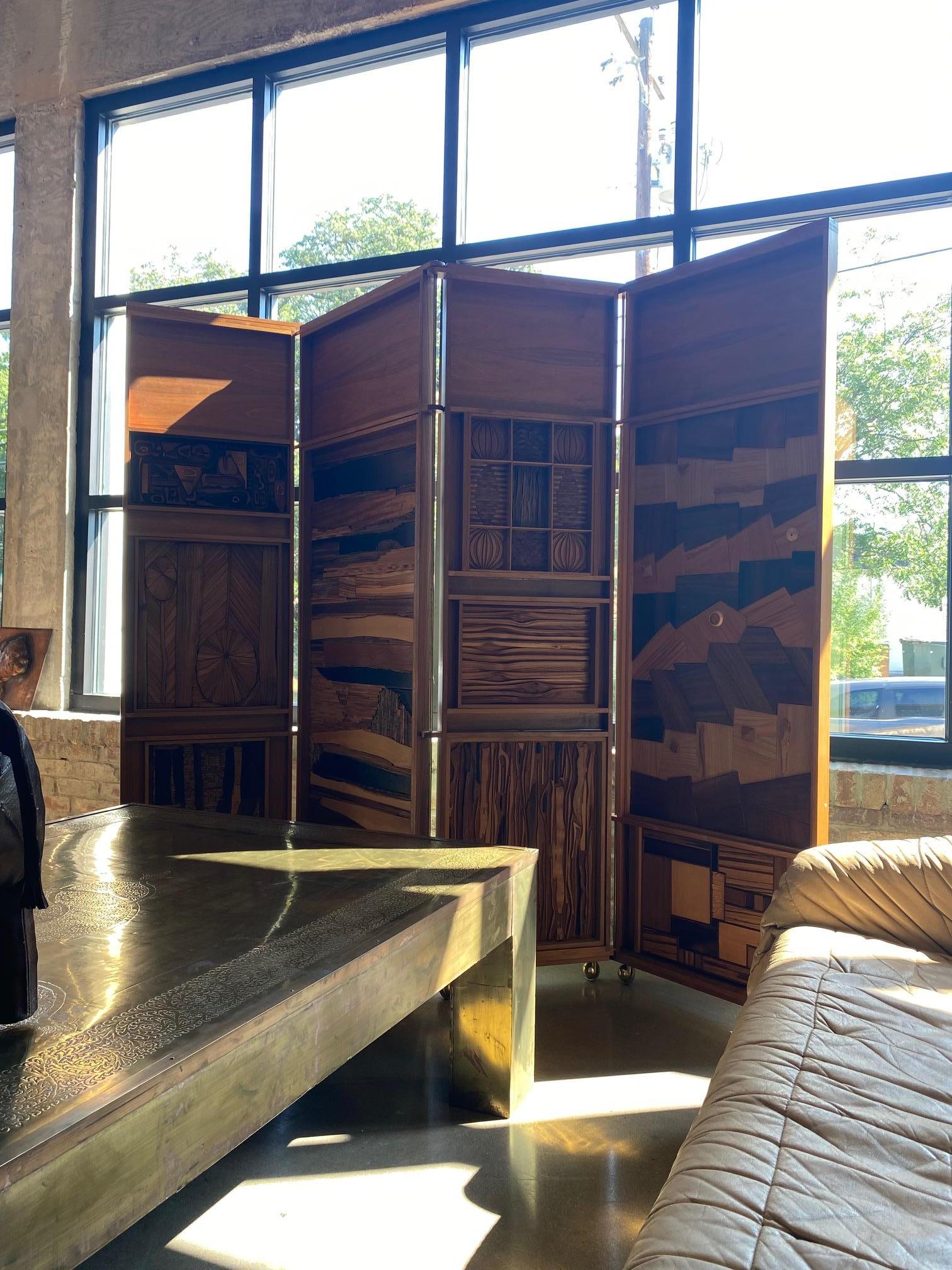 Mid-Century Craftsman Four Panel Wood Screen, USA, 1970's For Sale 2