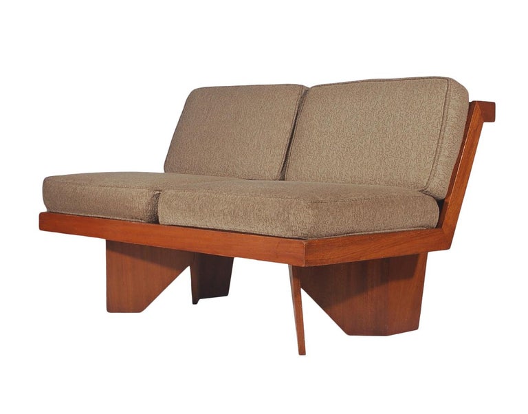 Fabric Midcentury Craftsman Modern Plywood Loveseat or Sofa after Frank Lloyd Wright For Sale