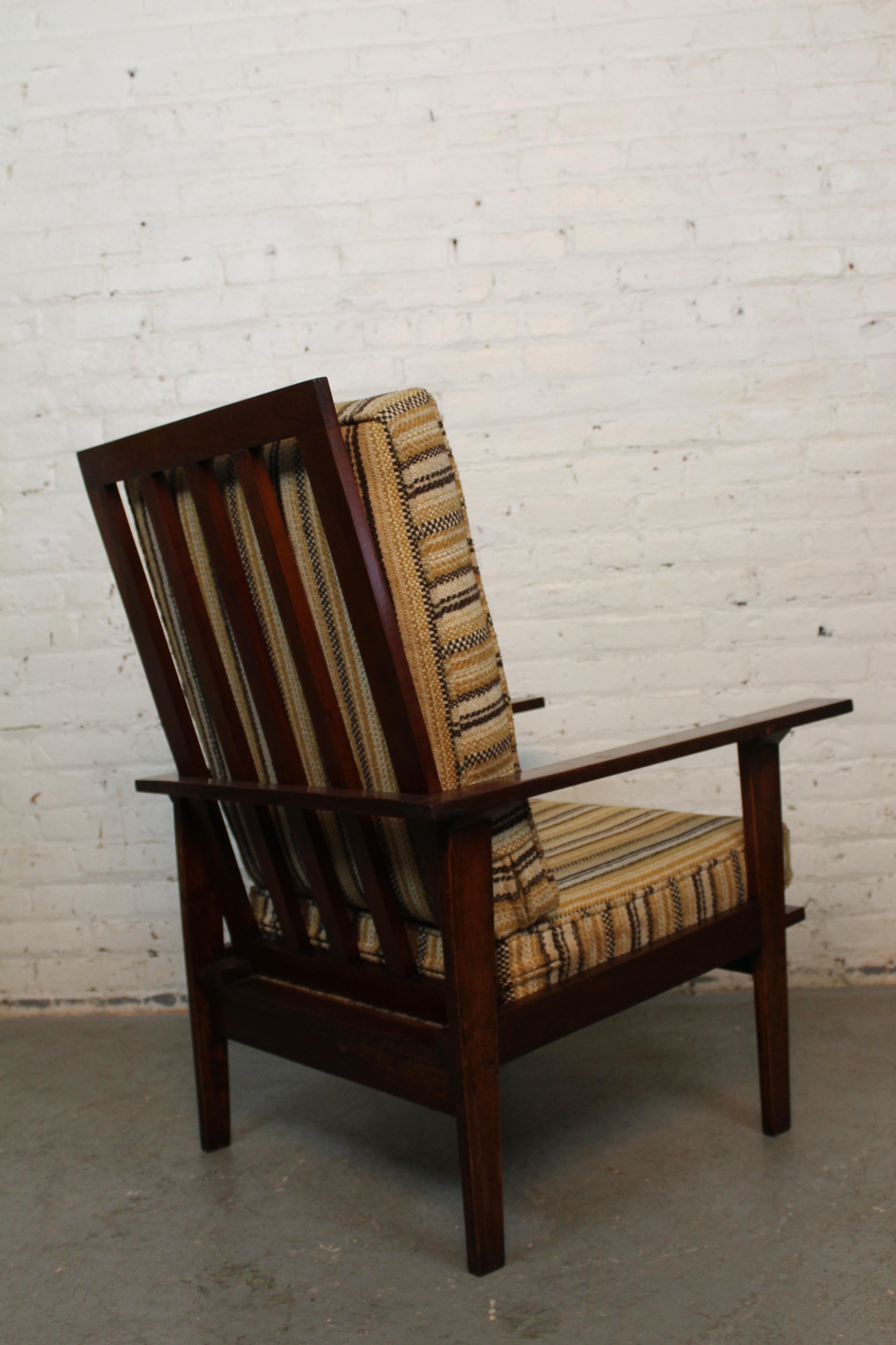 American Mid-Century Craftsman Oak + Tweed Morris Chair For Sale