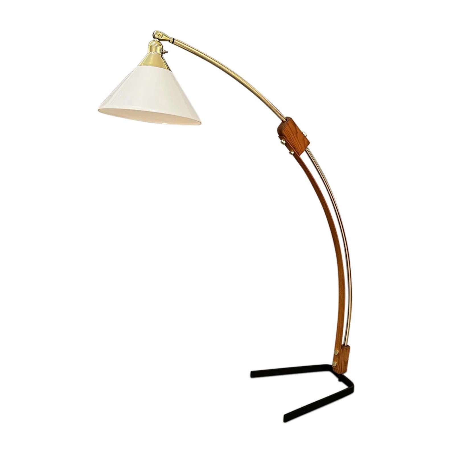 Mid-Century Modern Mid-Century crane shape floor lamp wood and brass with Lucite shade very sleek.