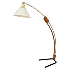 Vintage Mid-Century crane shape floor lamp wood and brass with Lucite shade very sleek.