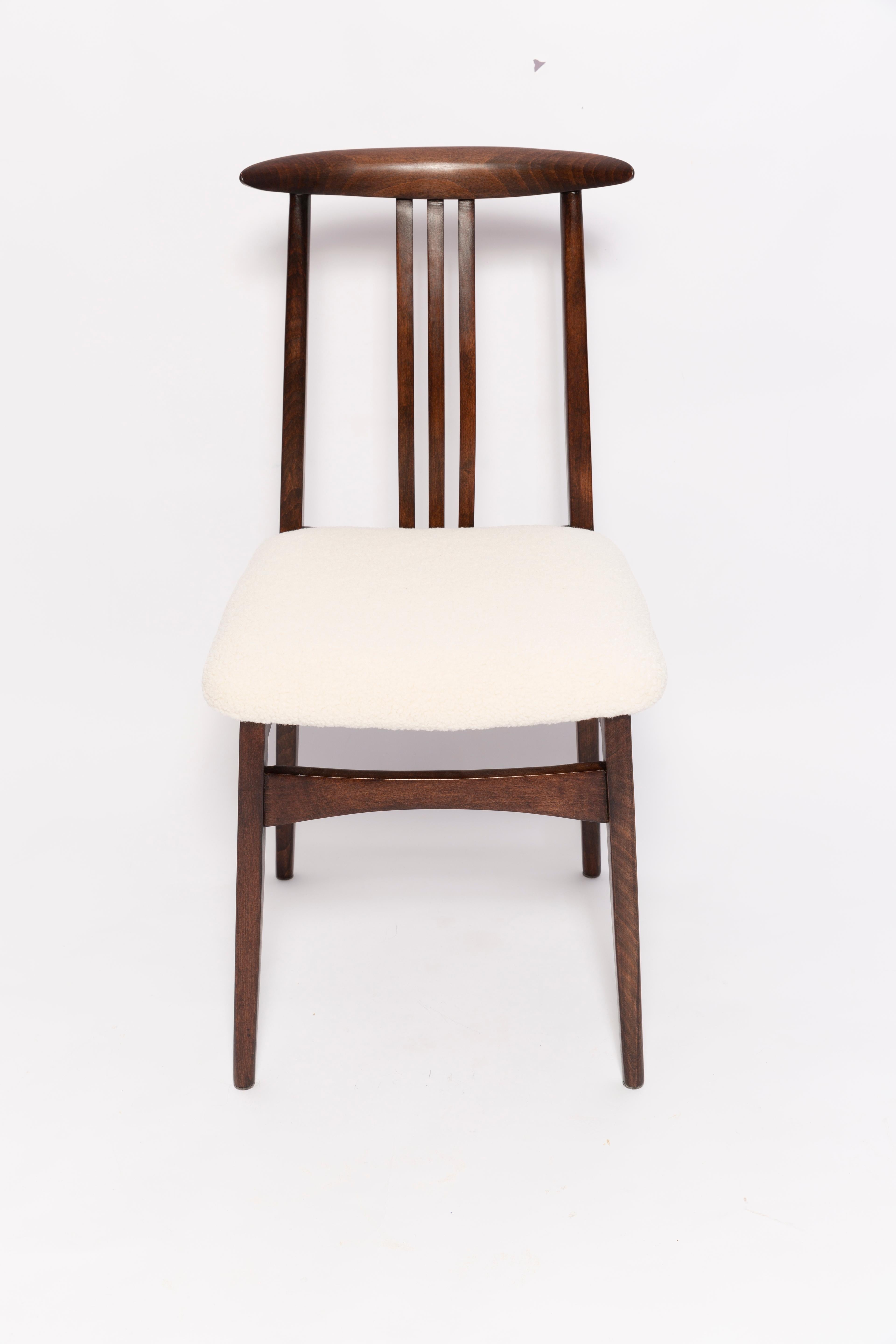 Mid-Century Modern Mid-Century Cream Ivory Boucle Chair, Walnut Wood, by M. Zielinski, Europe, 1960s For Sale