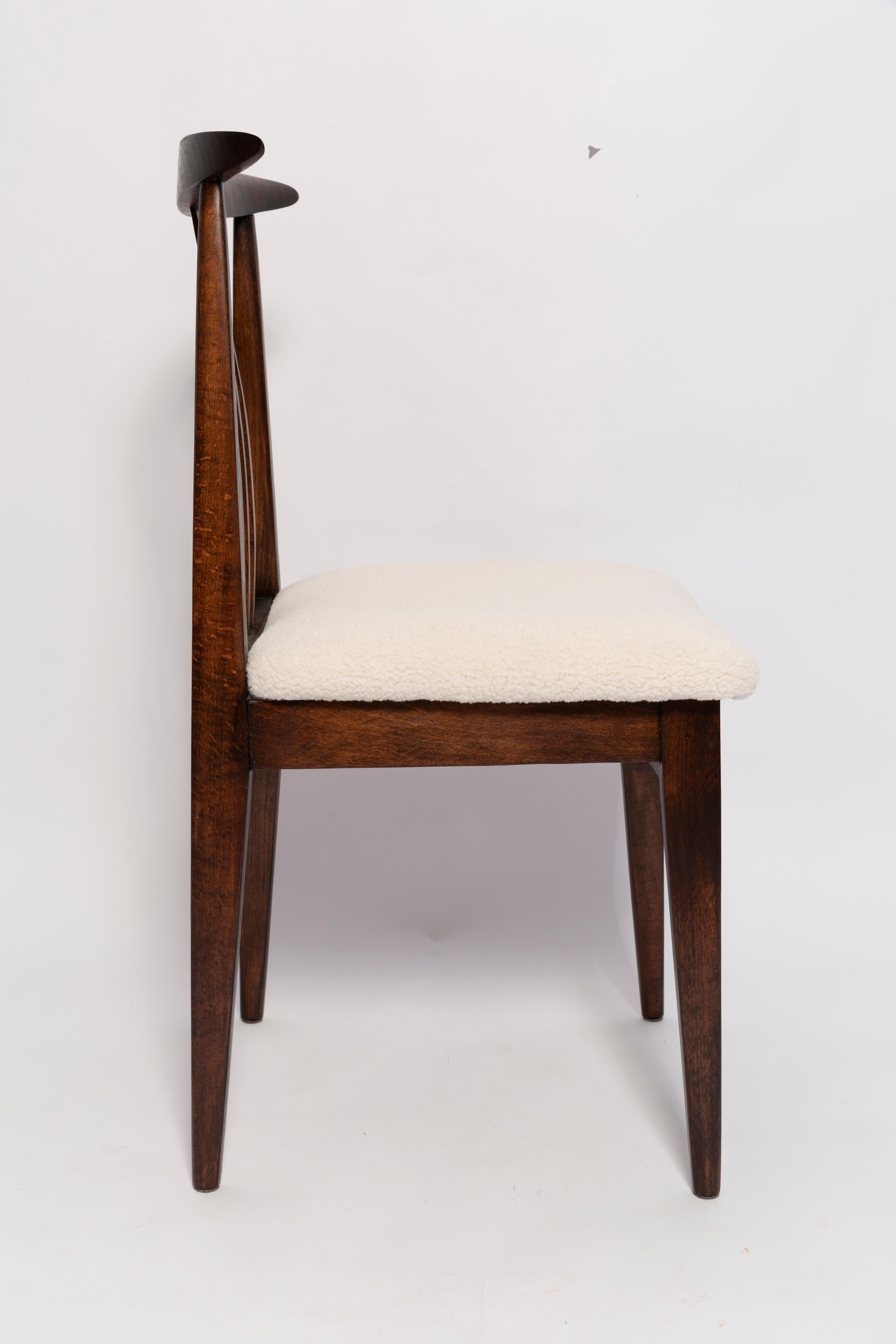 Polish Mid-Century Cream Ivory Boucle Chair, Walnut Wood, by M. Zielinski, Europe, 1960s For Sale