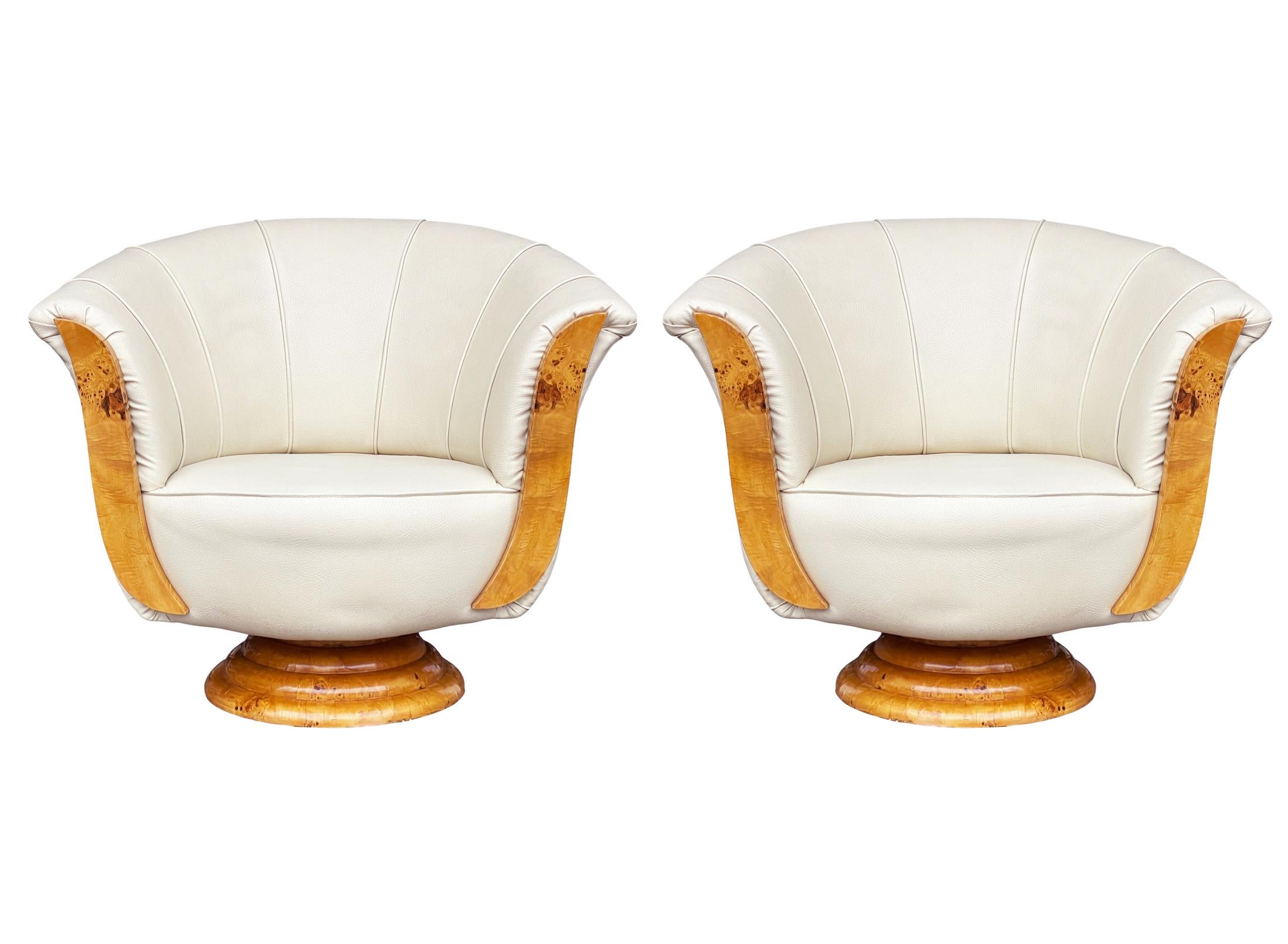 Midcentury Cream Leather & Burl Club Chairs or Lounge Chairs in Art Deco Form For Sale 4