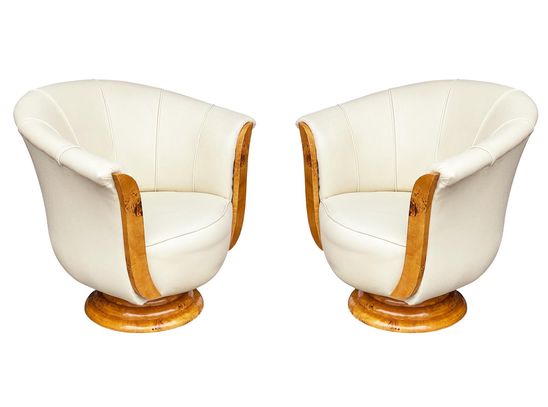 Midcentury Cream Leather & Burl Club Chairs or Lounge Chairs in Art Deco Form In Good Condition For Sale In Philadelphia, PA