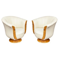 Fauteuils club ou fauteuils de salon en cuir et broussin crème du milieu du siècle dernier de forme Art déco