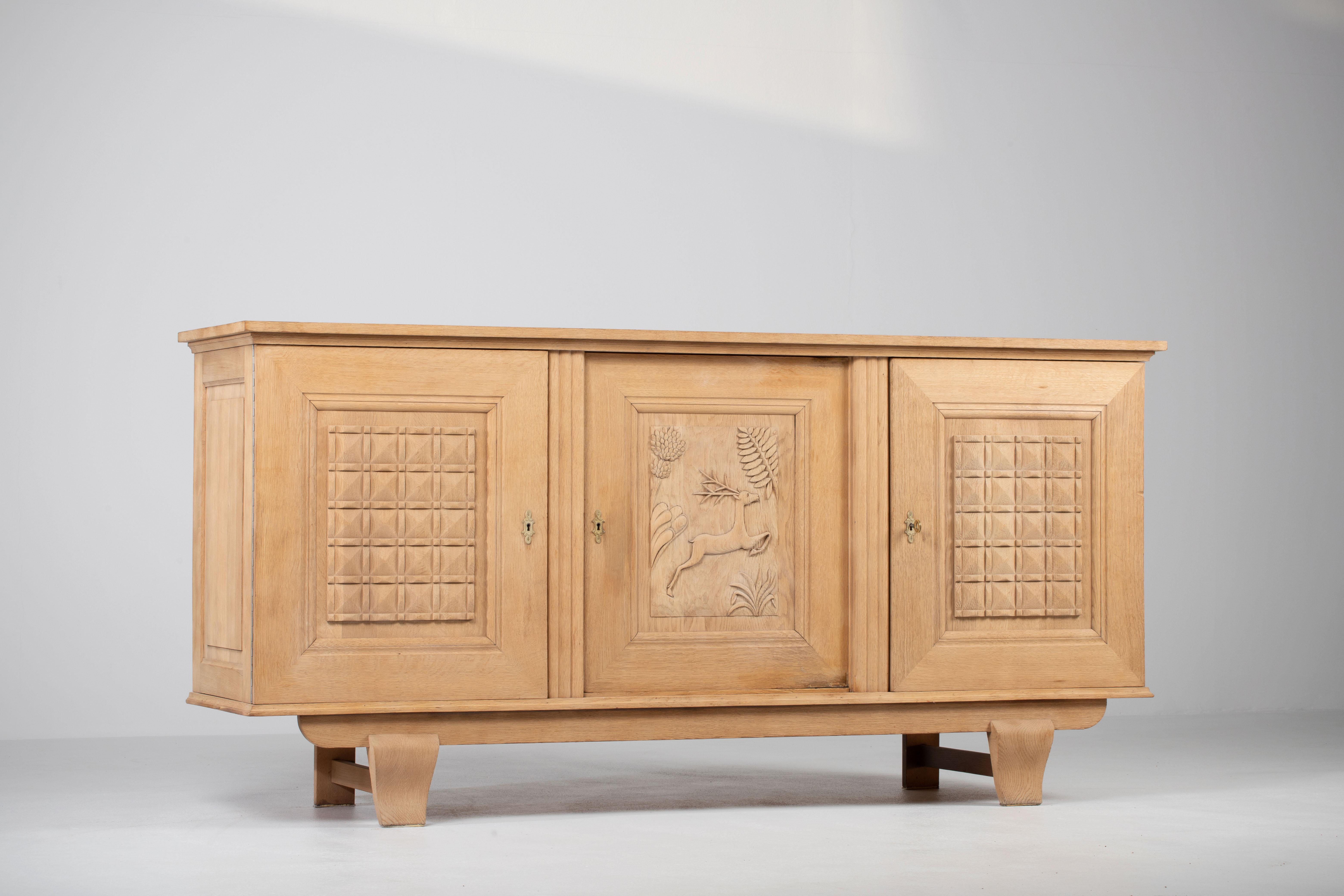 Hand-Carved Mid-Century Credenza in Solid Oak, Rustic, France, 1940s For Sale
