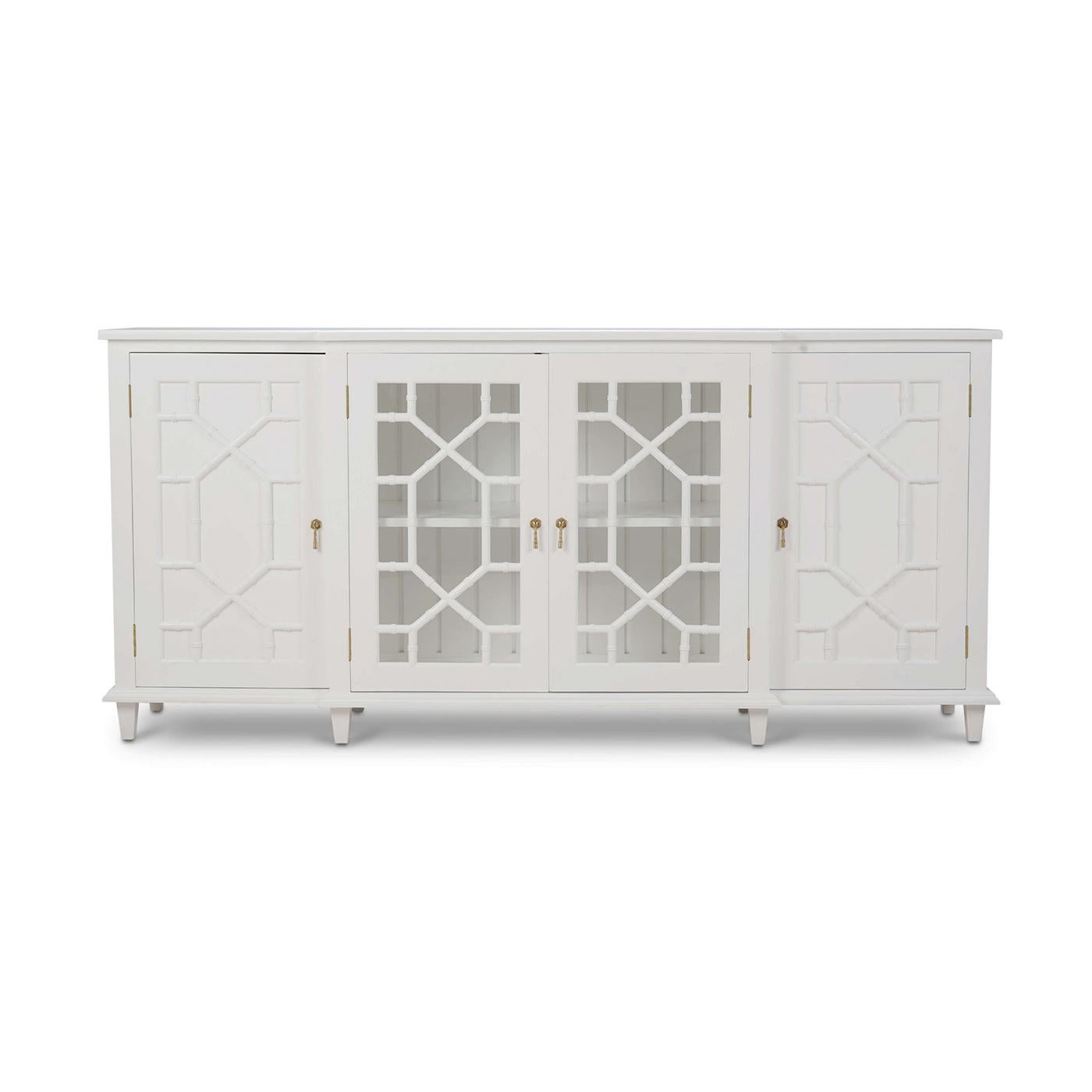 Perfectly balancing style and functionality, Classic Regency designs, and mid century modern elegance, this piece is a stunning addition to any home decor.

The breakfront credenza, finished in our True White hand-painted finish, has four doors, two