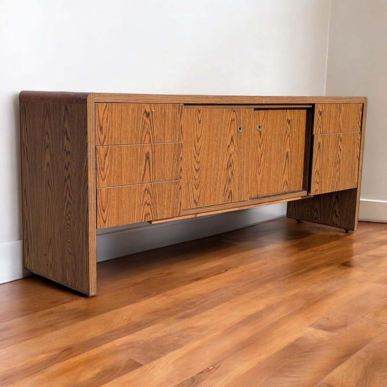 Mid Century Credenza, Vintage, Laminate, Faux Wood, Oak, Formica, Sideboard. For Sale 3