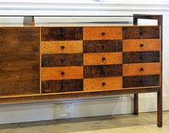 Midcentury Credenza with Bar Floating Glass Top and Checker Board Drawer Front