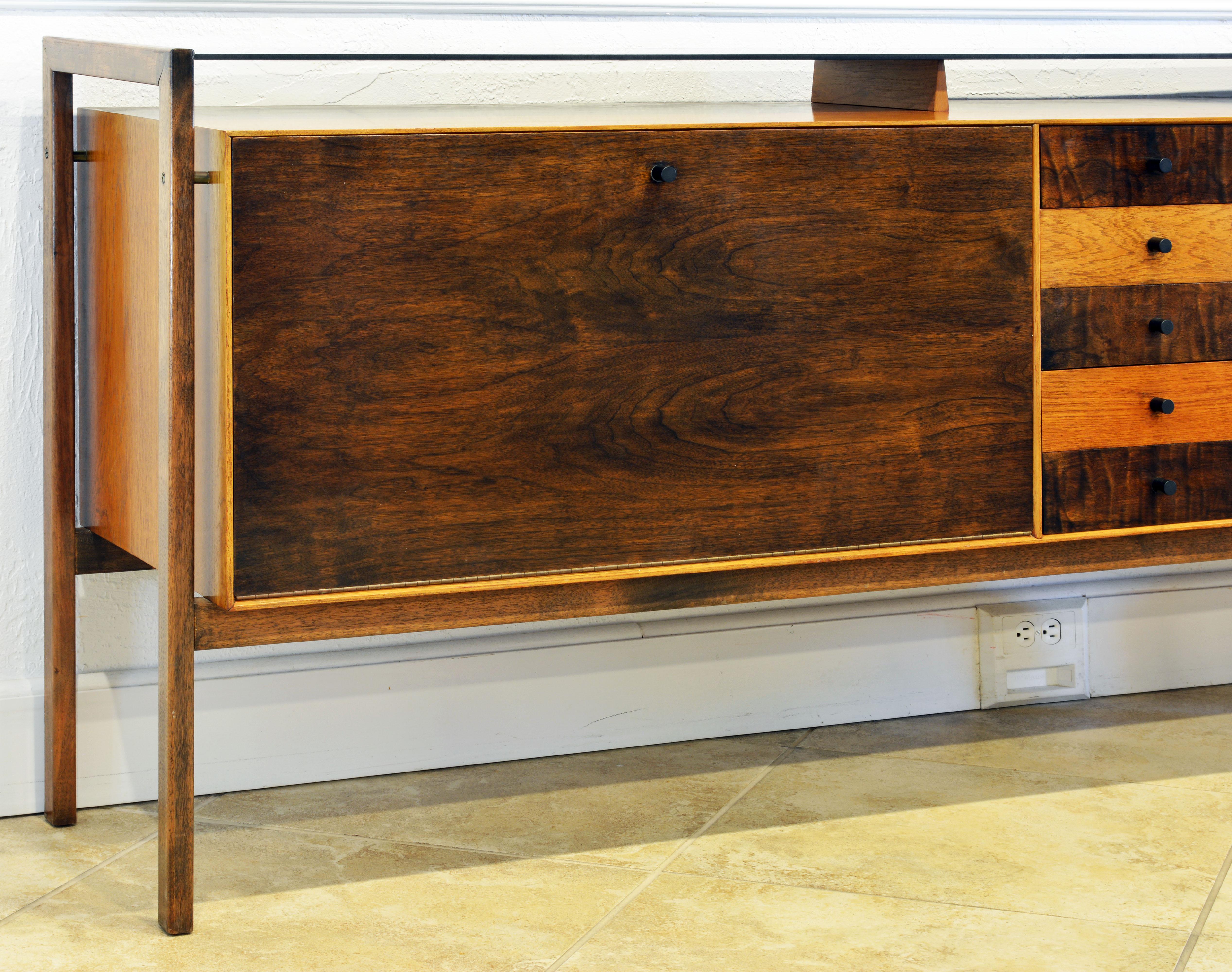 Mid-Century Modern Midcentury Credenza with Bar Floating Glass Top and Checker Board Drawer Front