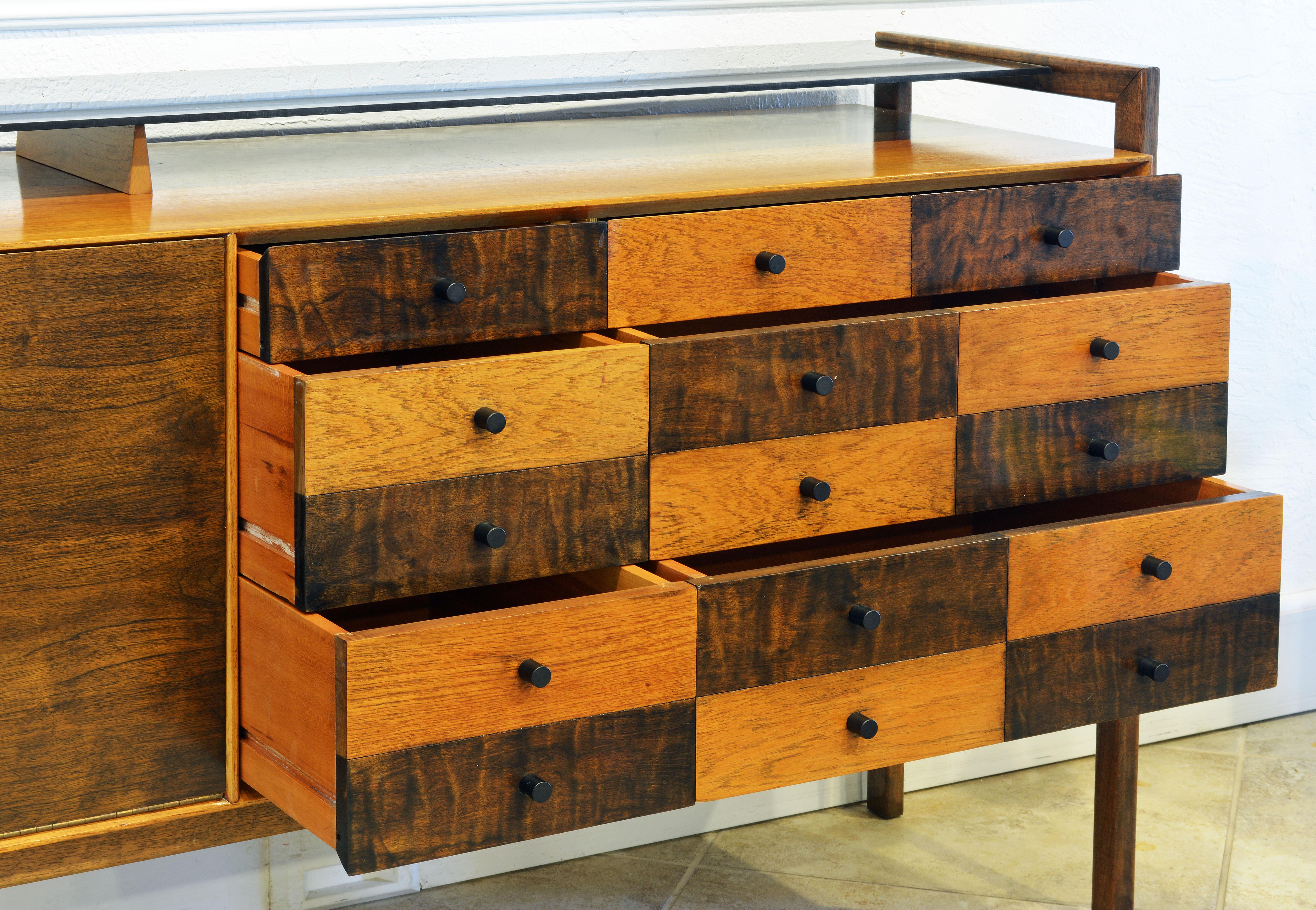 Midcentury Credenza with Bar Floating Glass Top and Checker Board Drawer Front 1