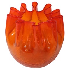 Mid Century Crimped Edge Crackle Glass Vase att. to Winslow Anderson for Blenko