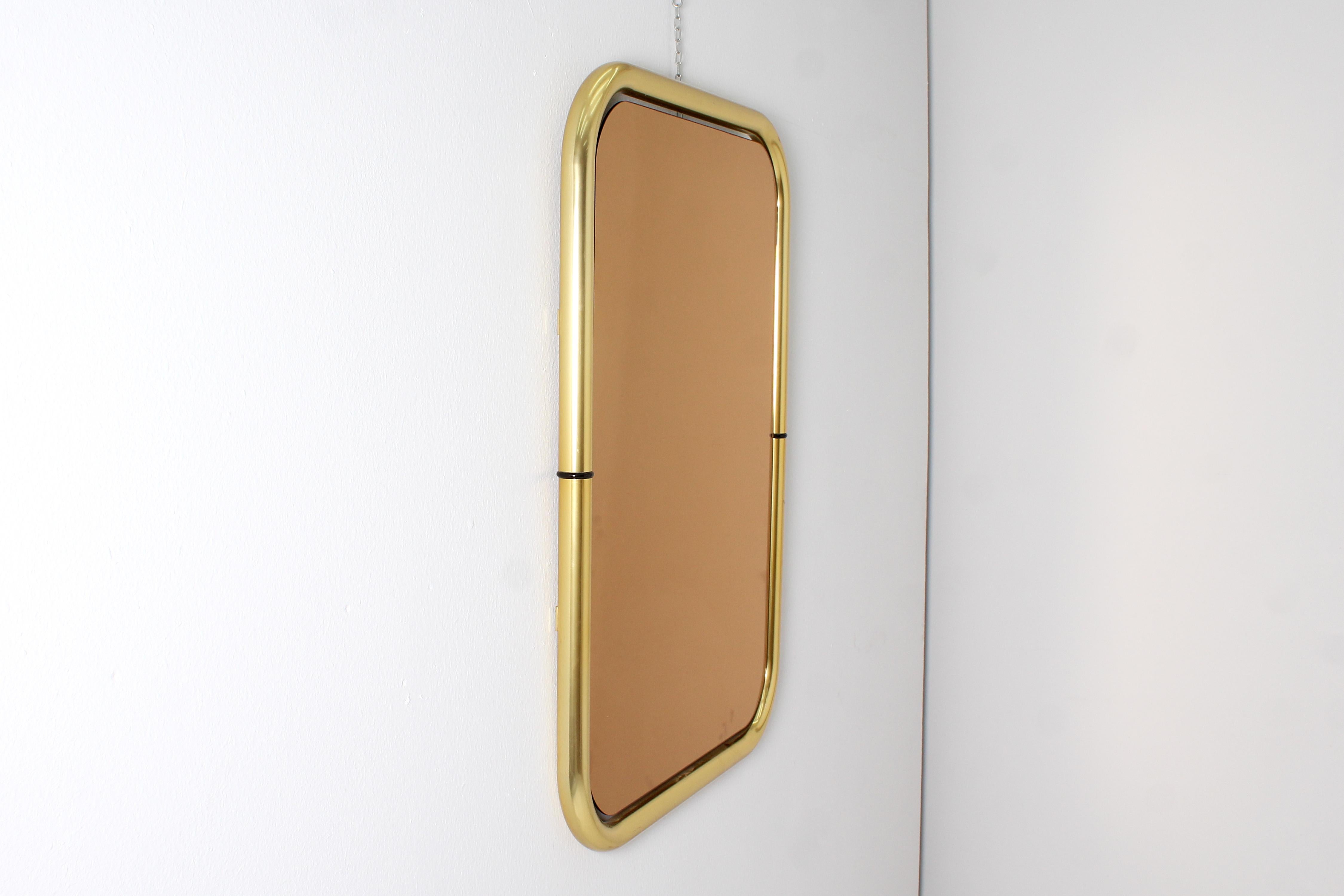 Mid-Century Modern Midcentury Cristal Art Brass and Pink Glass Wall Mirror, 1970s, Italy For Sale