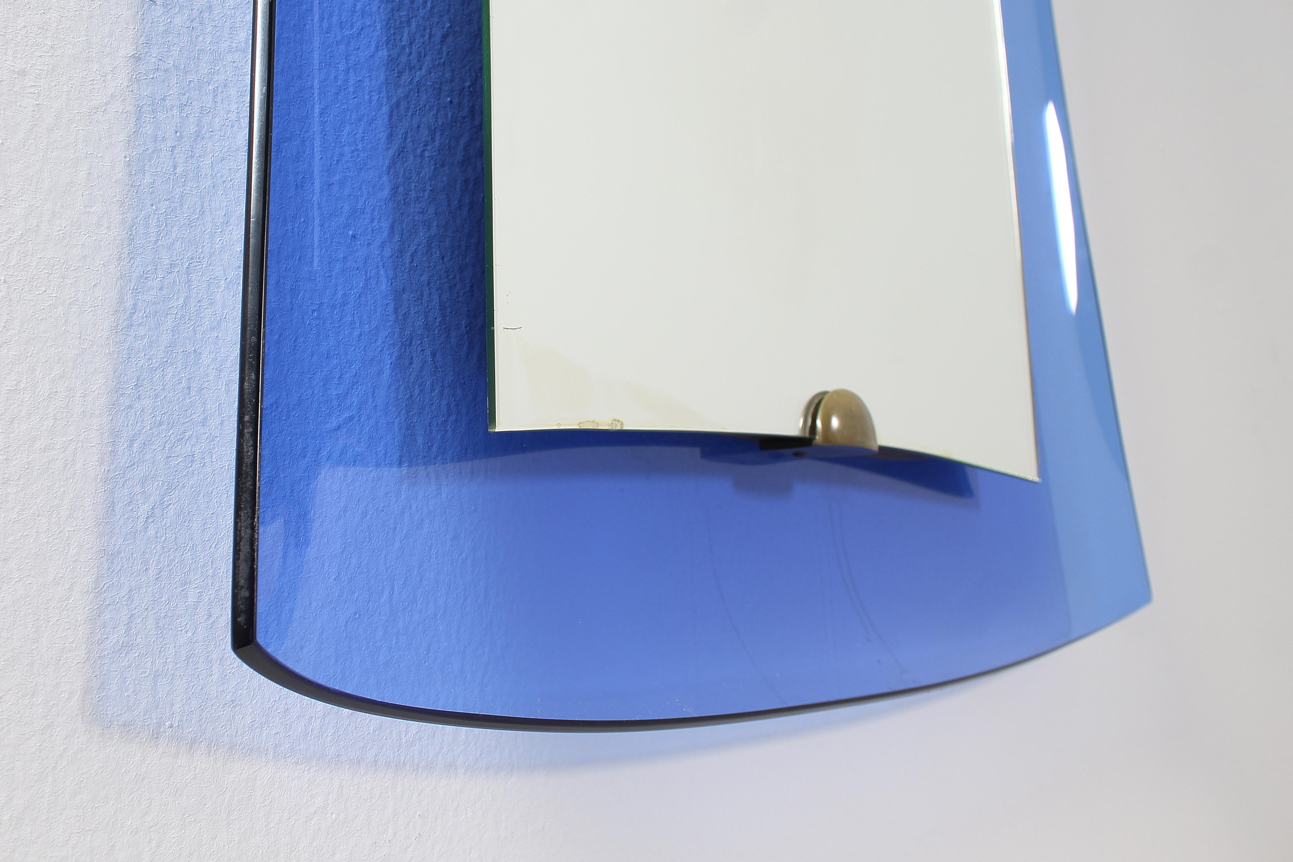 Mid-Century Cristal Art Curved Blue Glass Square Mirror, 60s Italy 4