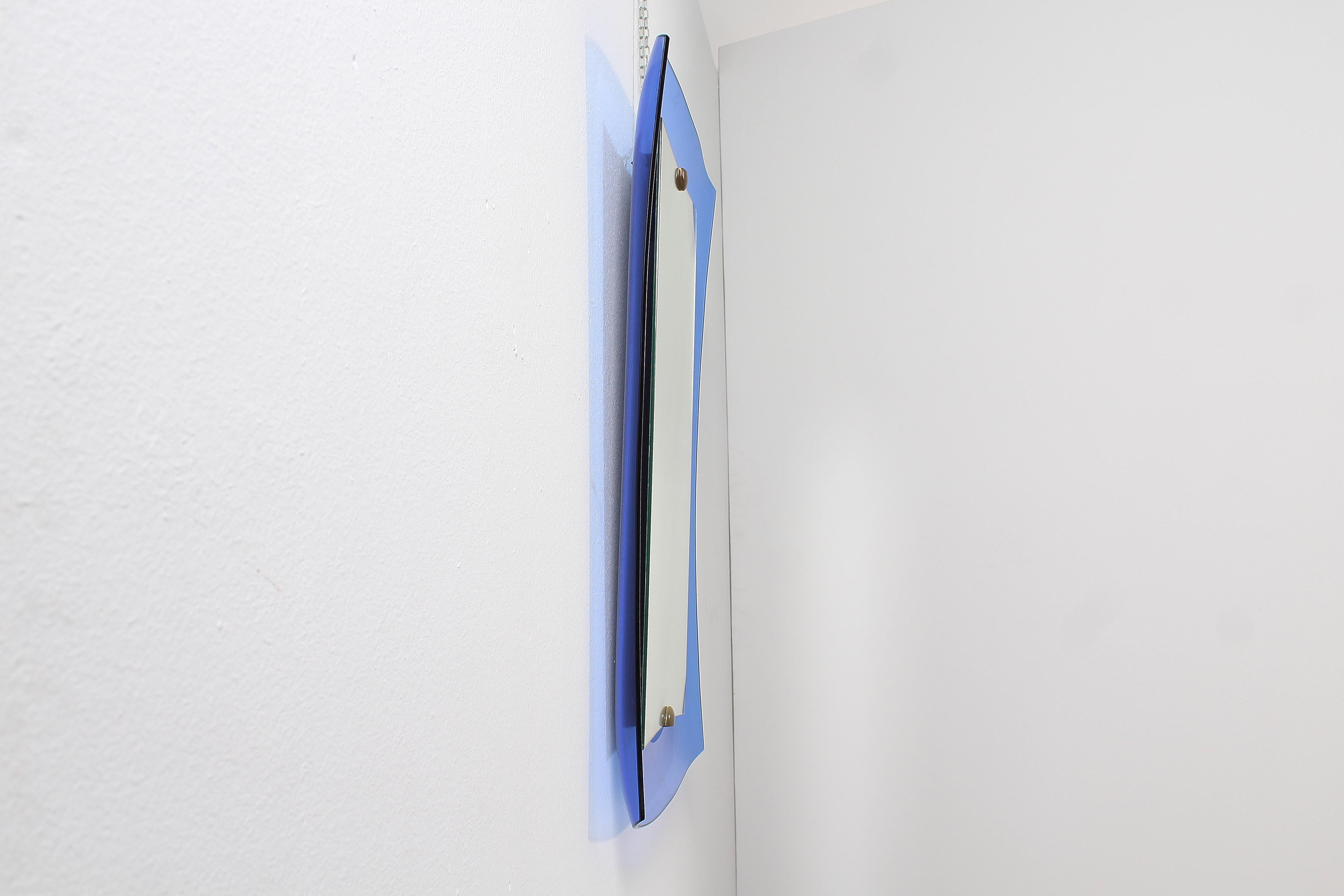 Mid-Century Modern Mid-Century Cristal Art Curved Blue Glass Square Mirror, 60s Italy