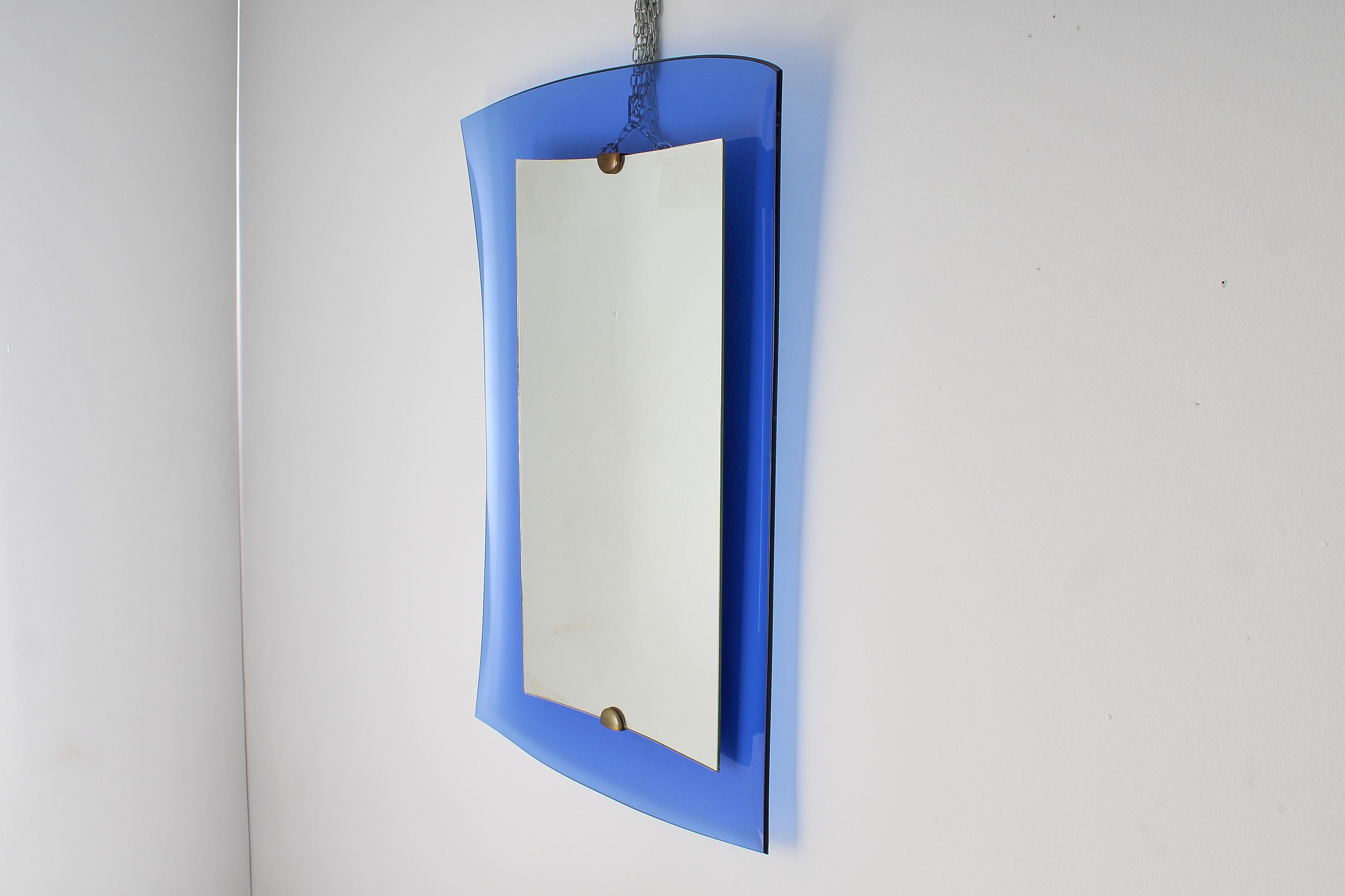 Italian Mid-Century Cristal Art Curved Blue Glass Square Mirror, 60s Italy