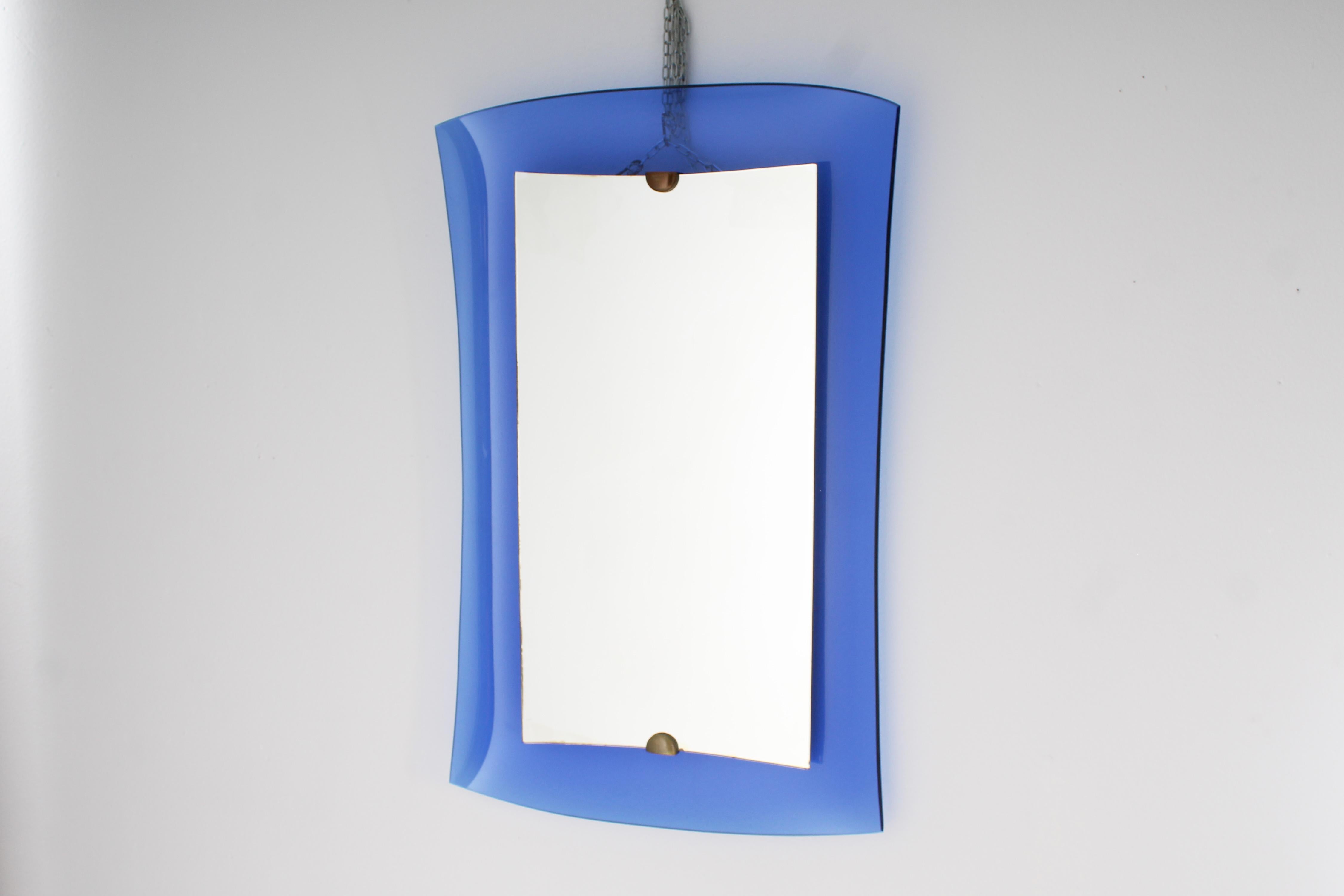 Mid-Century Cristal Art Curved Blue Glass Square Mirror, 60s Italy In Good Condition In Palermo, IT