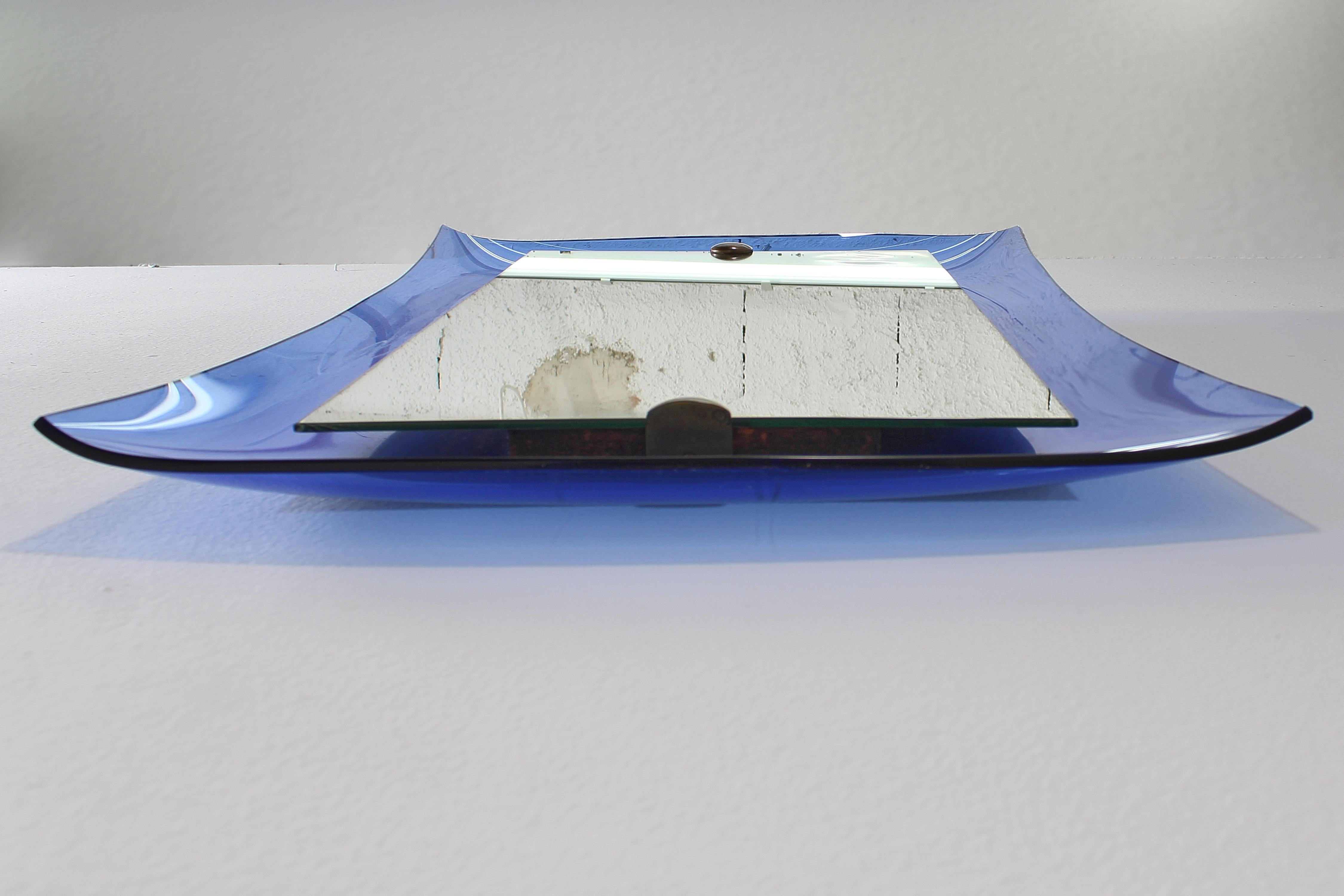 Mid-20th Century Mid-Century Cristal Art Curved Blue Glass Square Mirror, 60s Italy