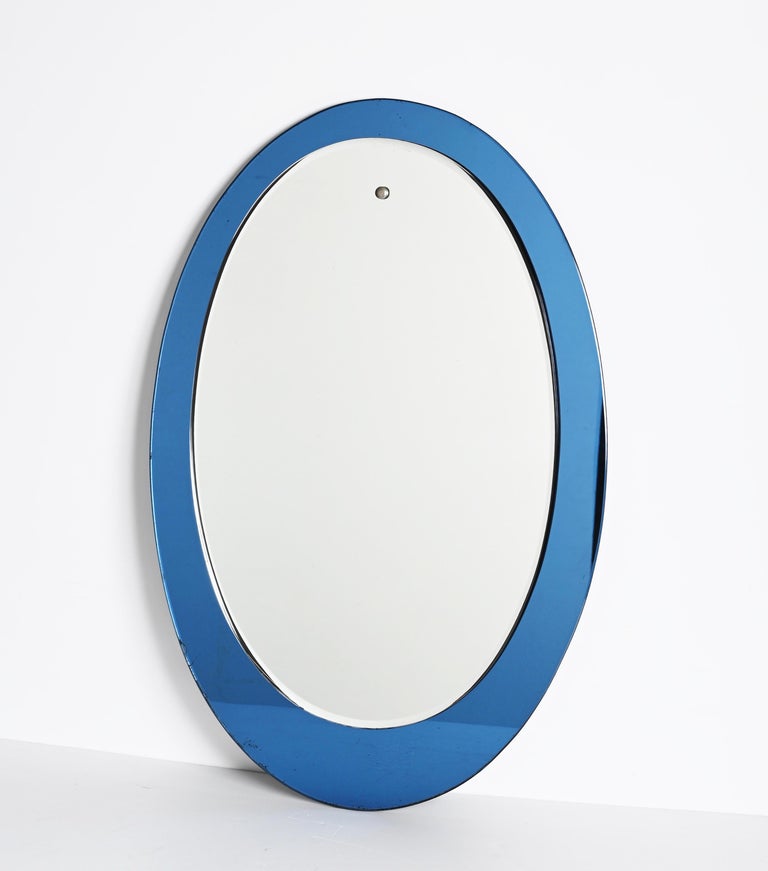 MidCentury Cristal Art Oval Italian Wall Mirror with Blue Glass Frame