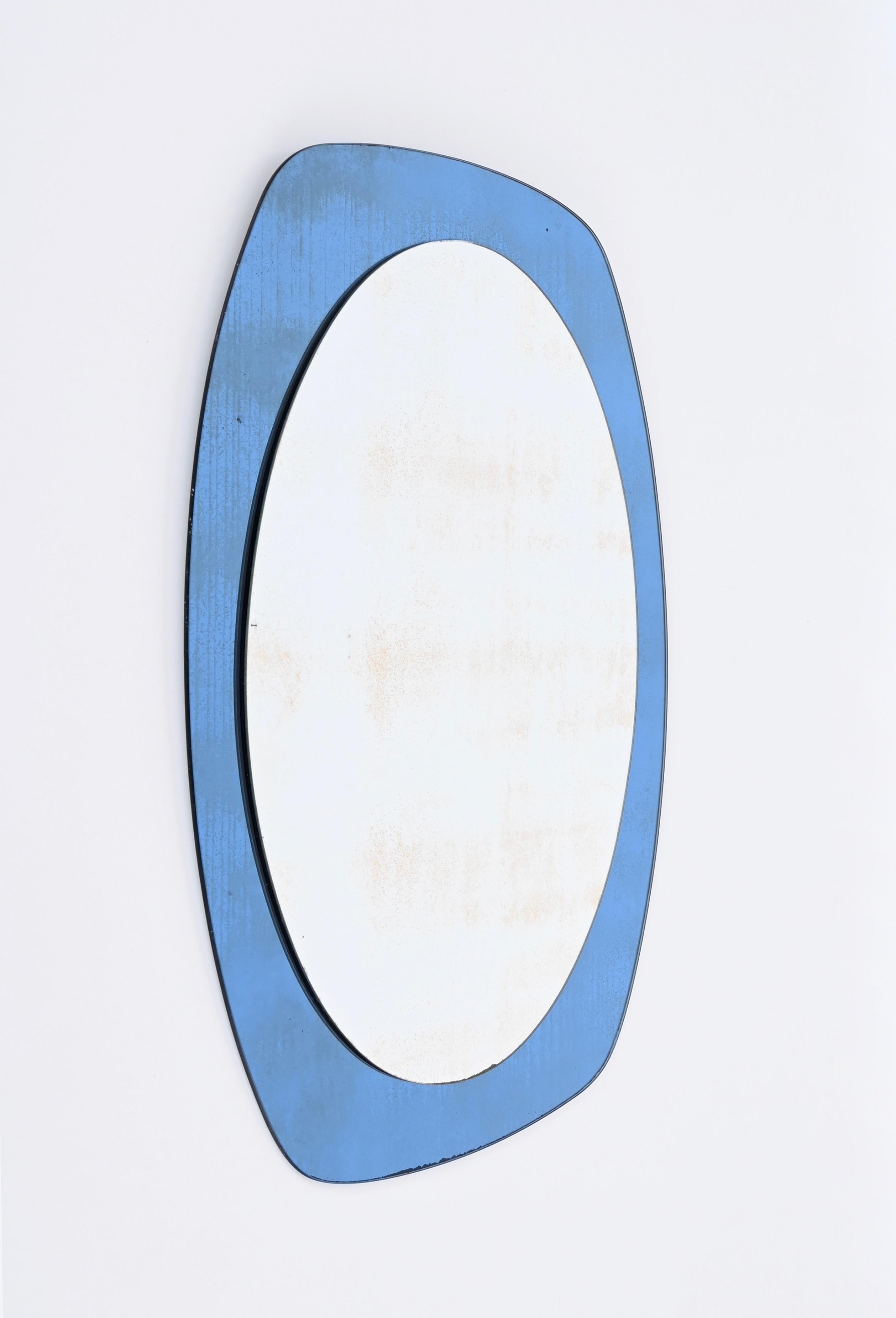Mid-Century Modern Mid-Century Cristal Art Oval Wall Mirror with Blue Glass Frame, Italy 1960s For Sale