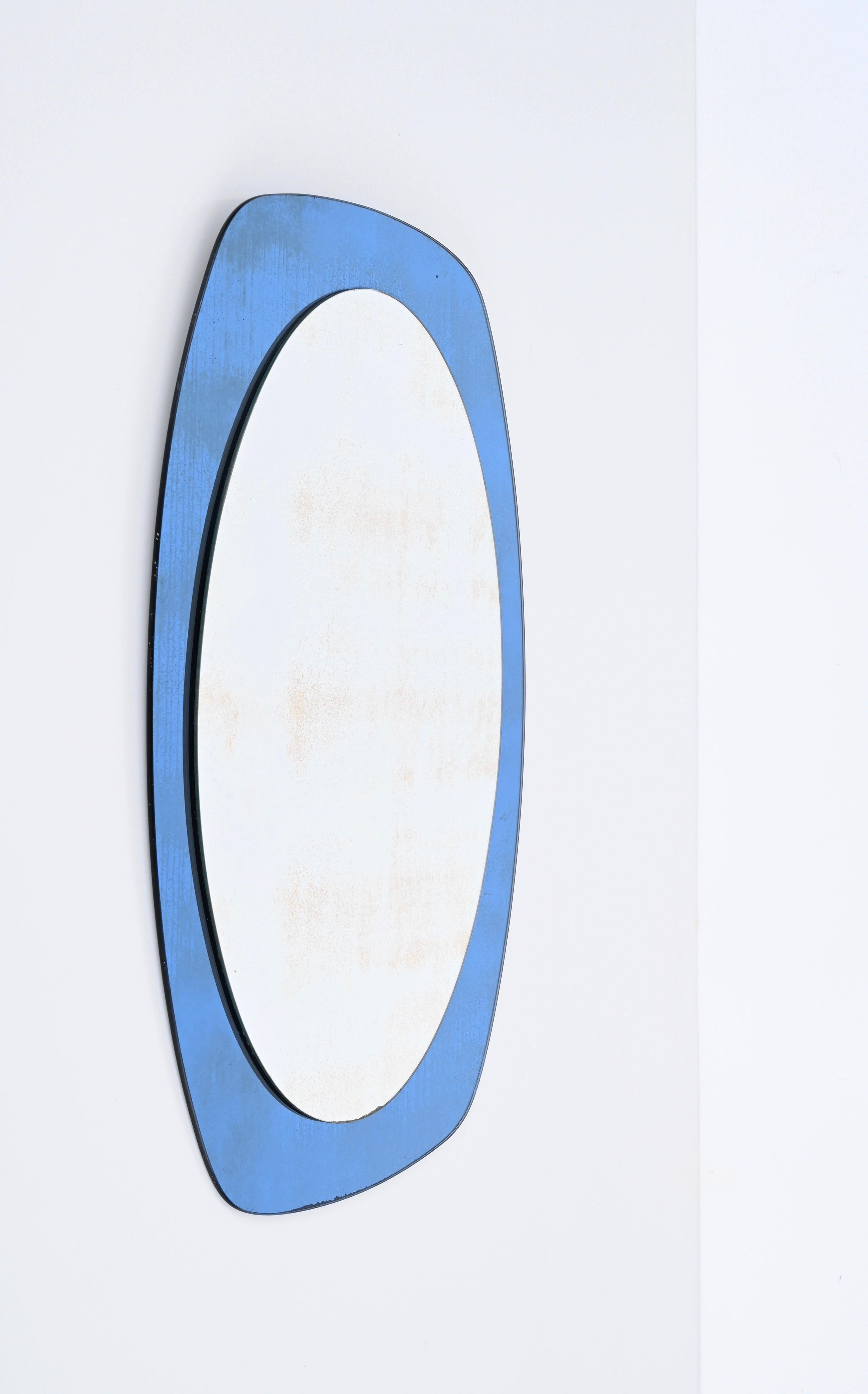 Italian Mid-Century Cristal Art Oval Wall Mirror with Blue Glass Frame, Italy 1960s For Sale