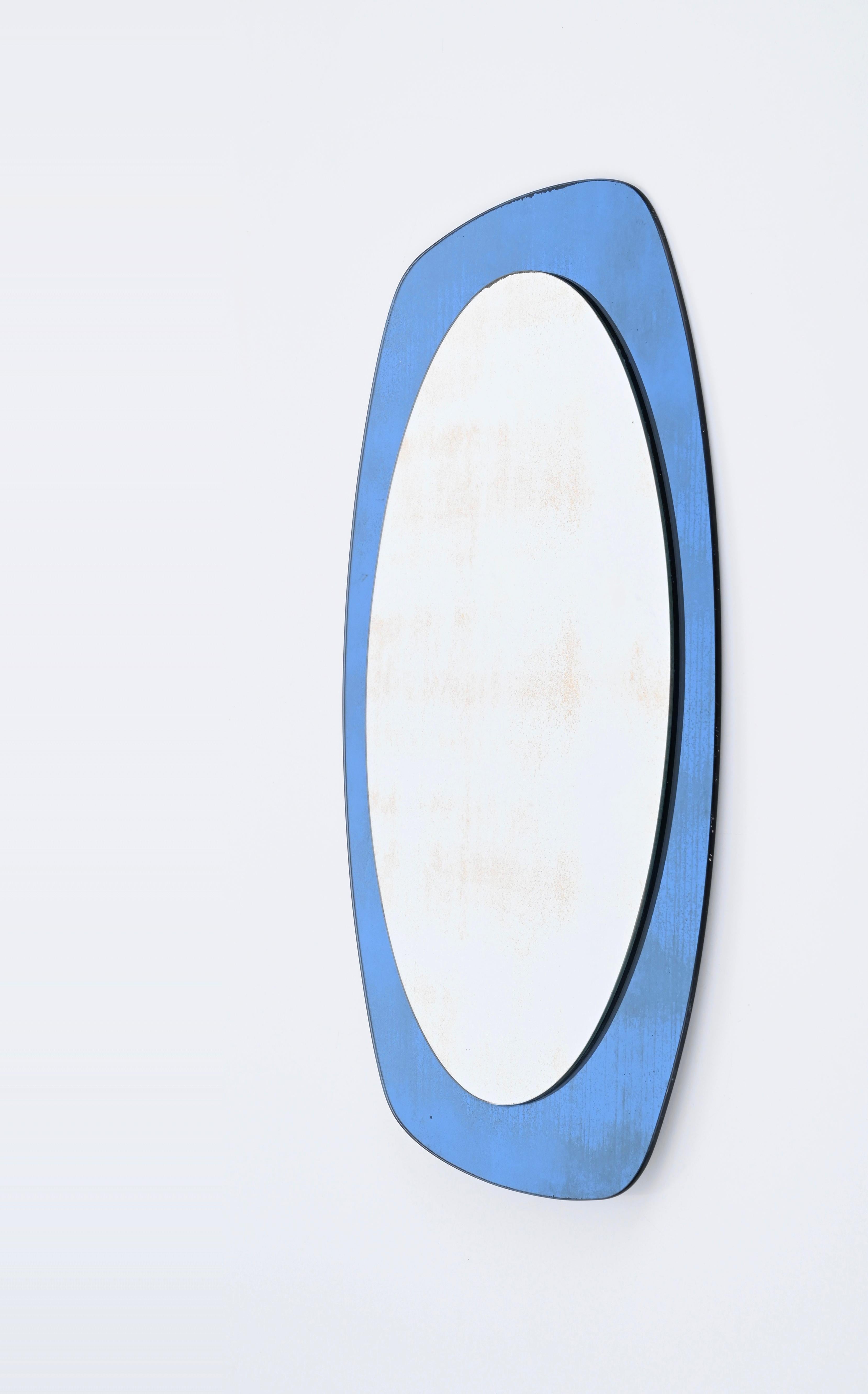 Mid-Century Cristal Art Oval Wall Mirror with Blue Glass Frame, Italy 1960s For Sale 1