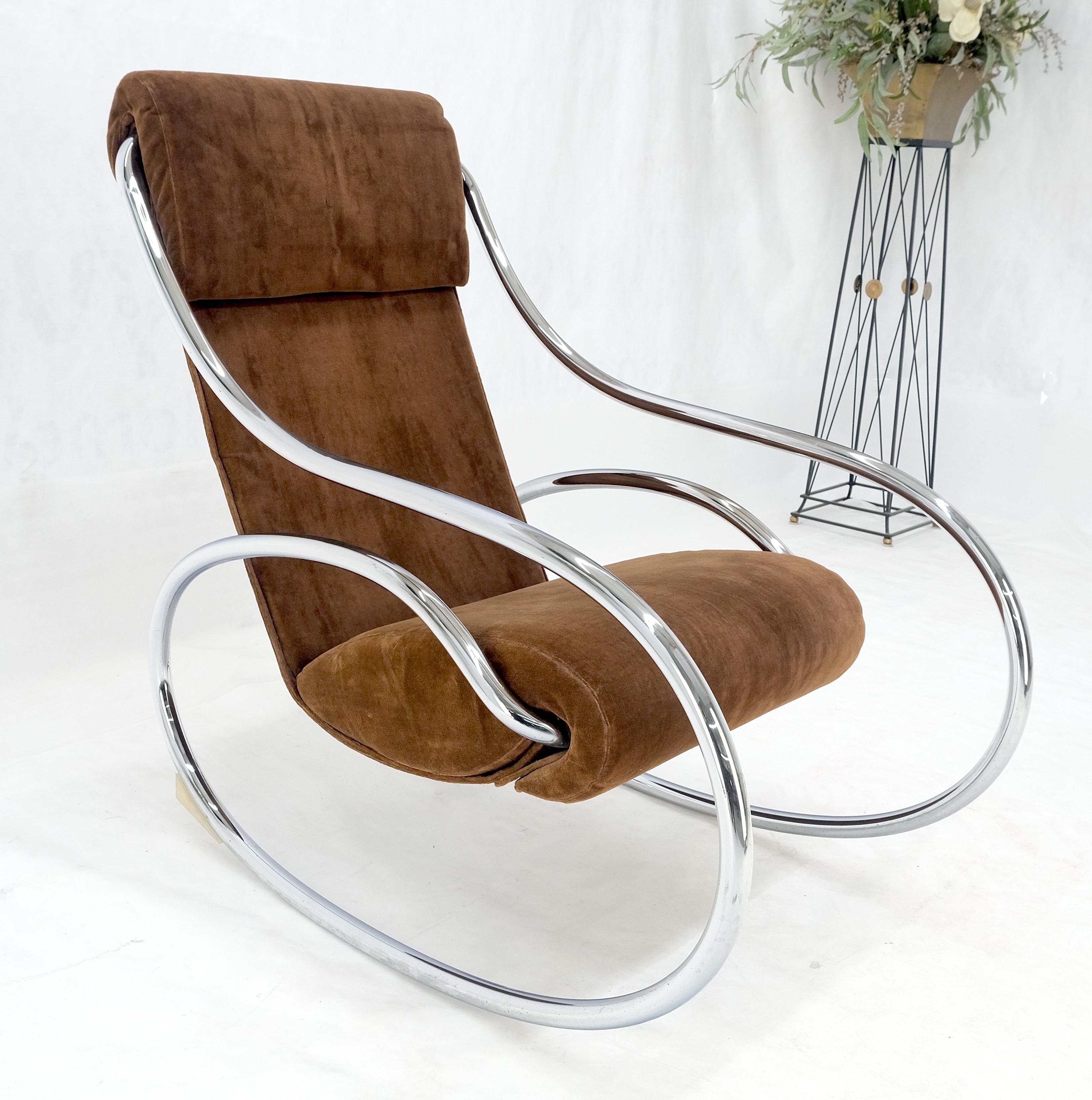 Upholstery Mid Century Crome Bent Single Piece of Tube Rocking Armchair Bauhaus  1970s MINT For Sale