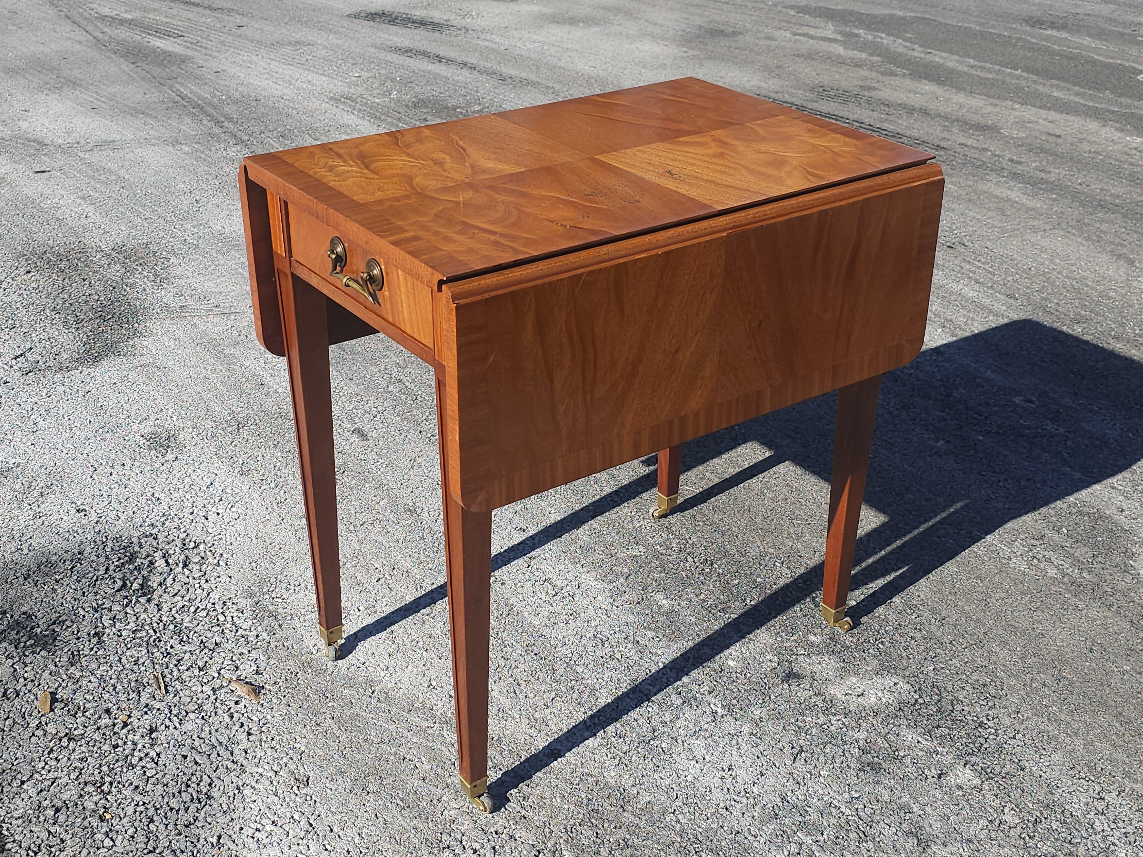 Other Mid Century Cross-Banded Crotched Mahogany Pembroke  Rolling Side Table For Sale