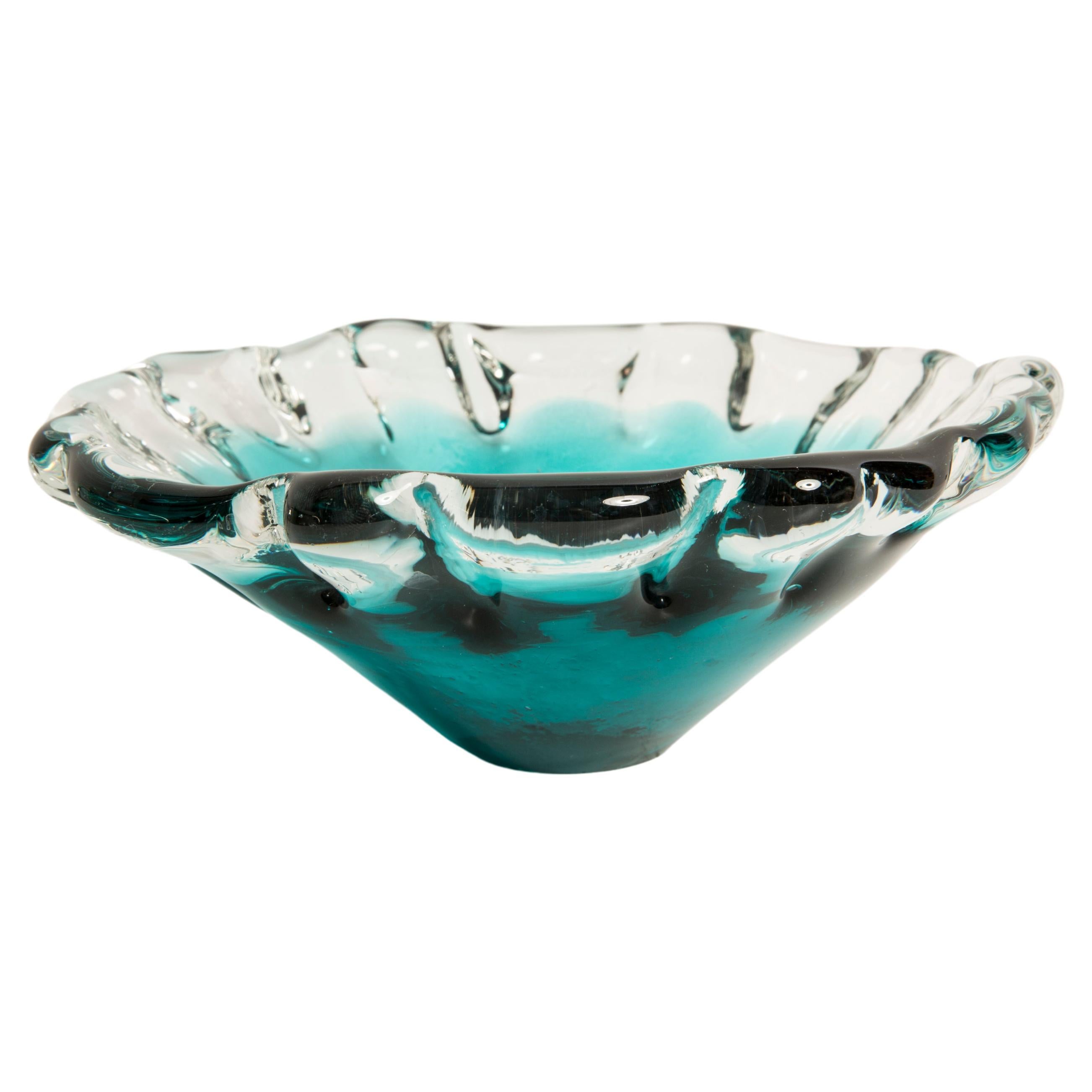 Mid Century Crystal Acqua Blue Glass Bowl, Italy, 1970s