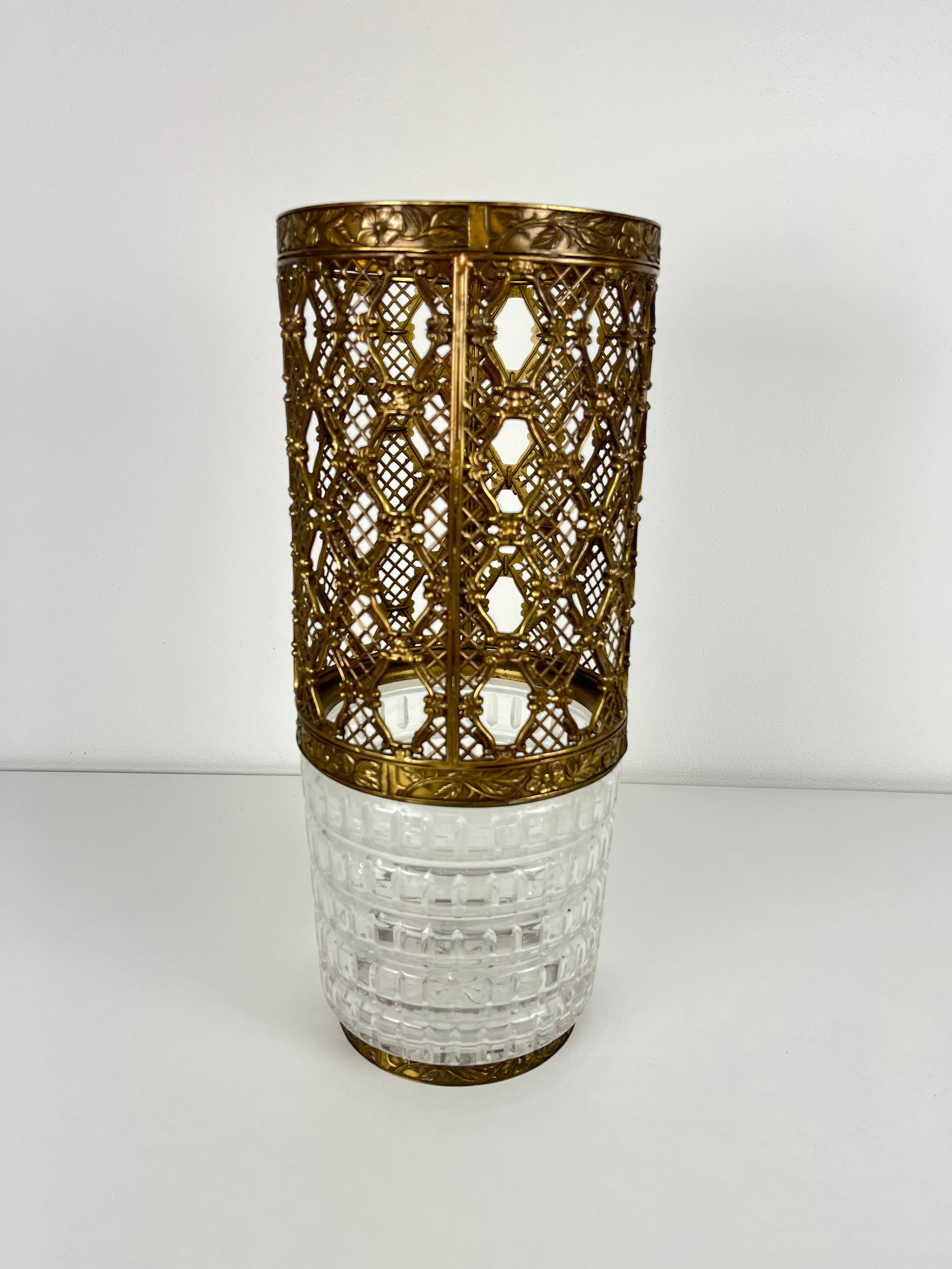 Metal Mid-Century Crystal and Brass Umbrella Stand, Made in Italy 1950s For Sale