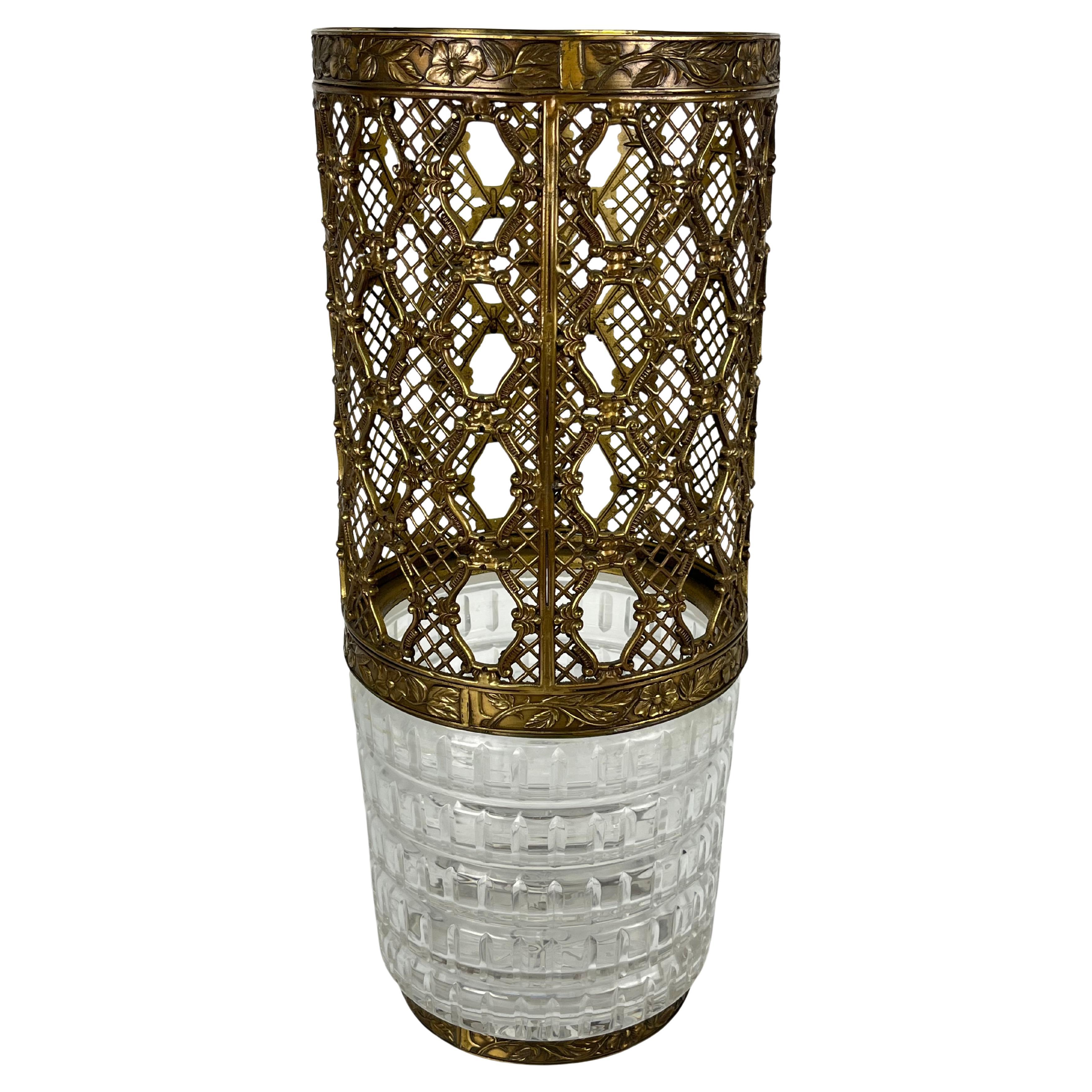 Mid-Century Crystal and Brass Umbrella Stand, Made in Italy 1950s