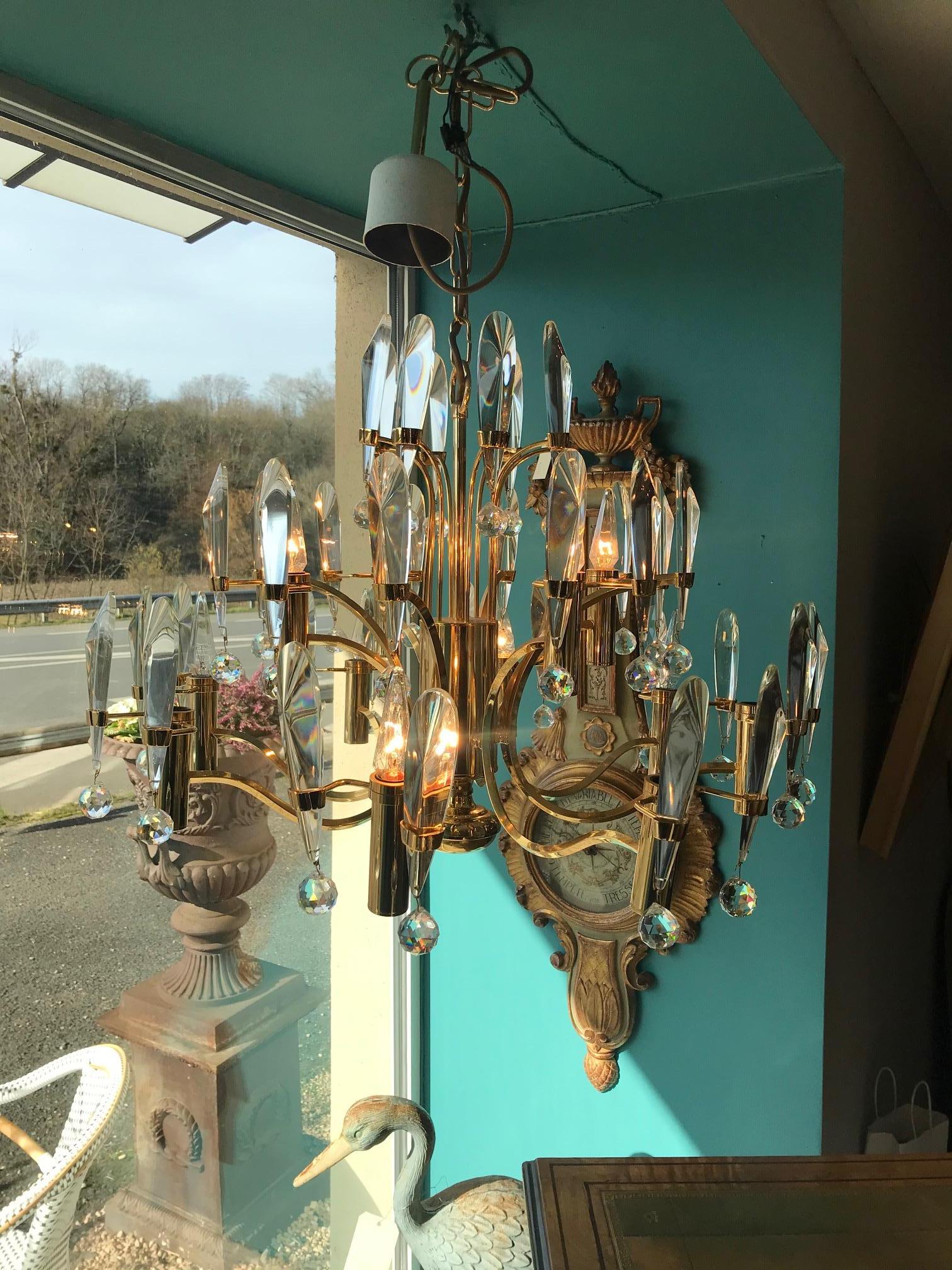 Midcentury Crystal and Gilded Brass Chandelier by Gaetano Scoliari, 1970s 3