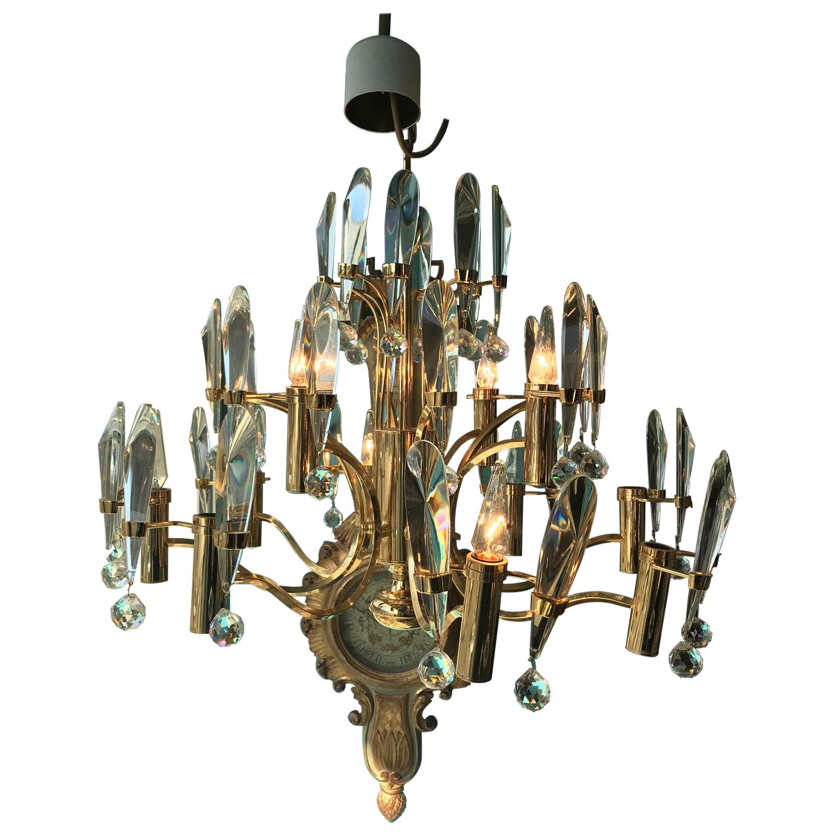 Midcentury Crystal and Gilded Brass Chandelier by Gaetano Scoliari, 1970s