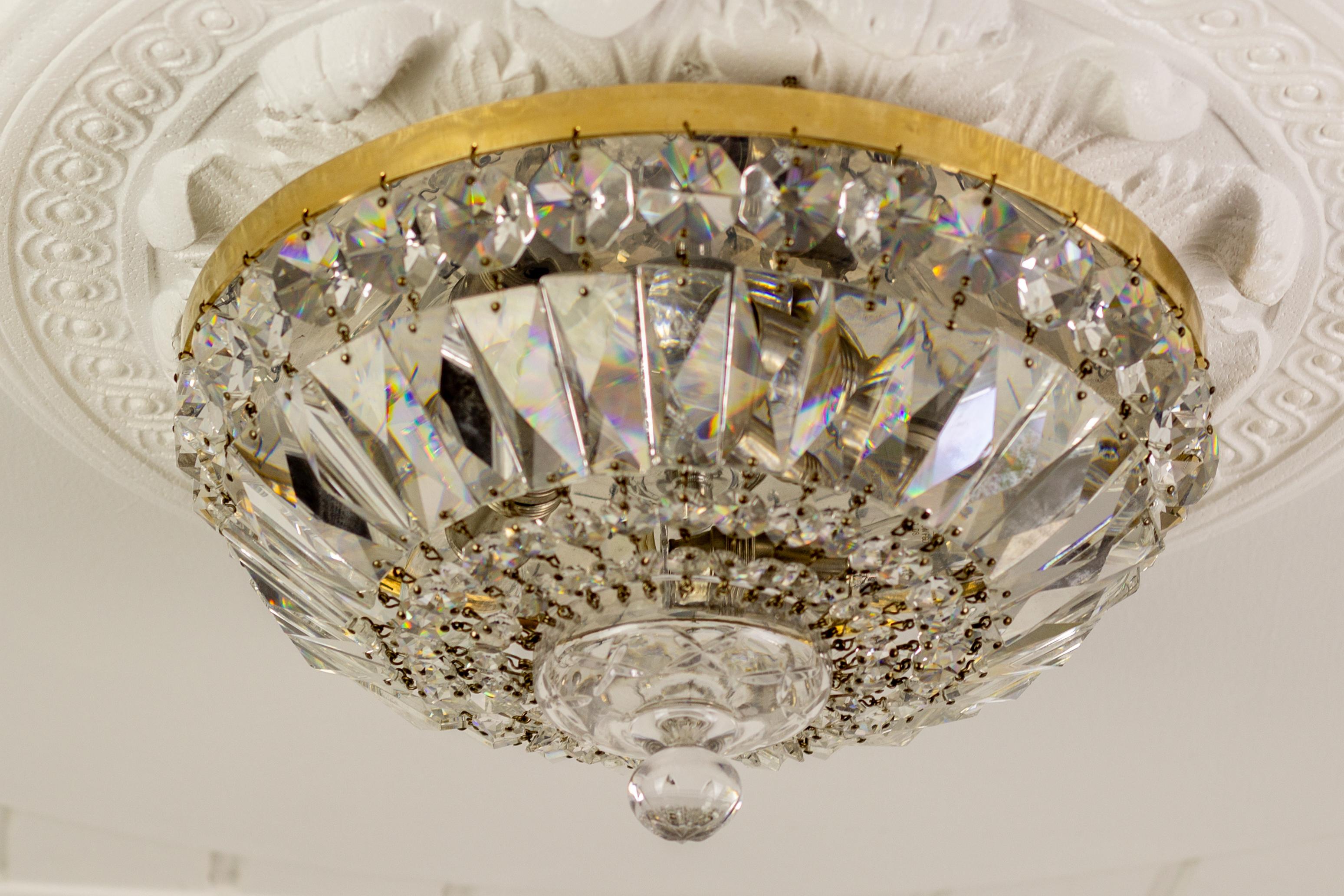 Mid-century Crystal and Glass Three-Light Basket Flush Mount Ceiling Fixture 10