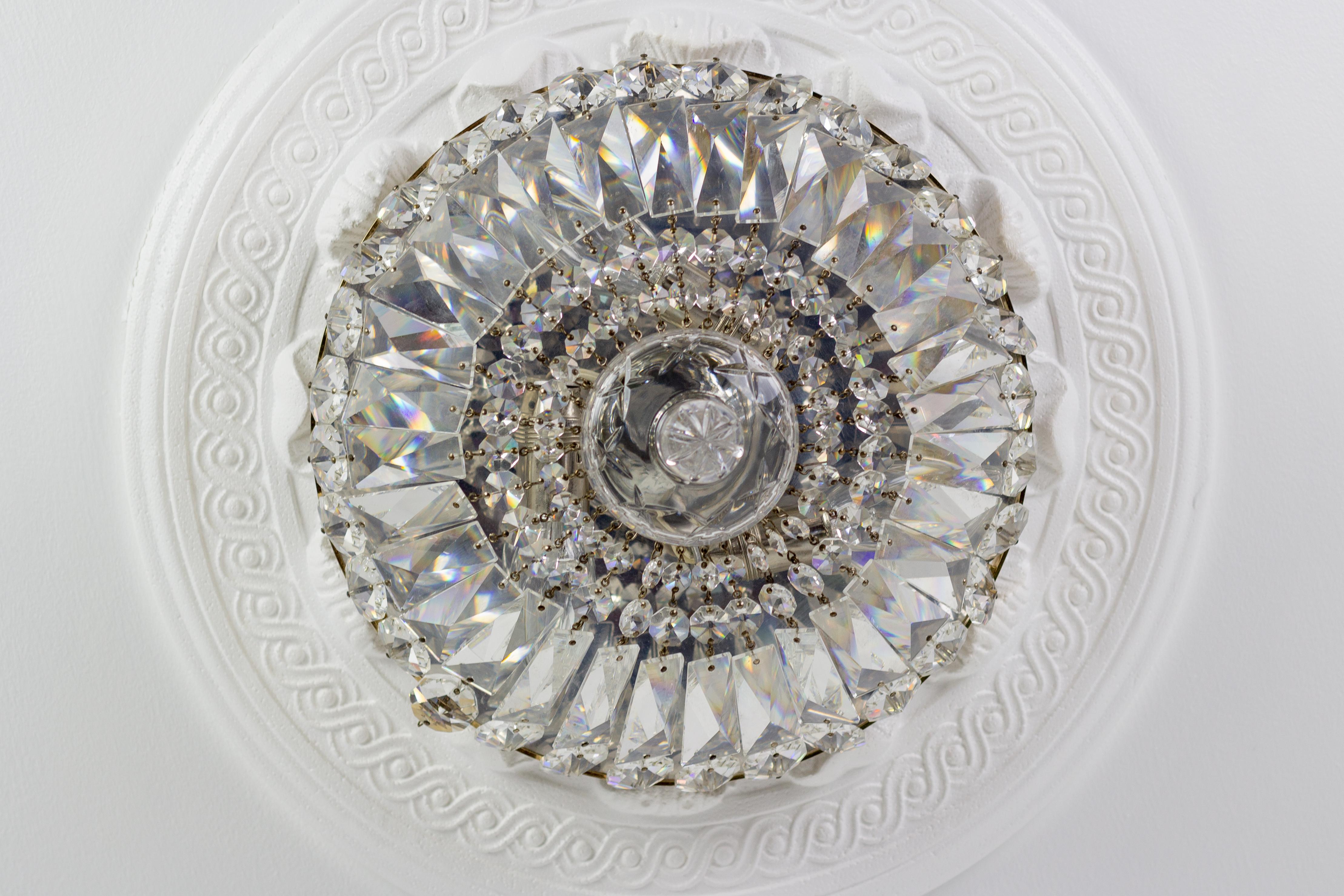 Art Deco Mid-century Crystal and Glass Three-Light Basket Flush Mount Ceiling Fixture