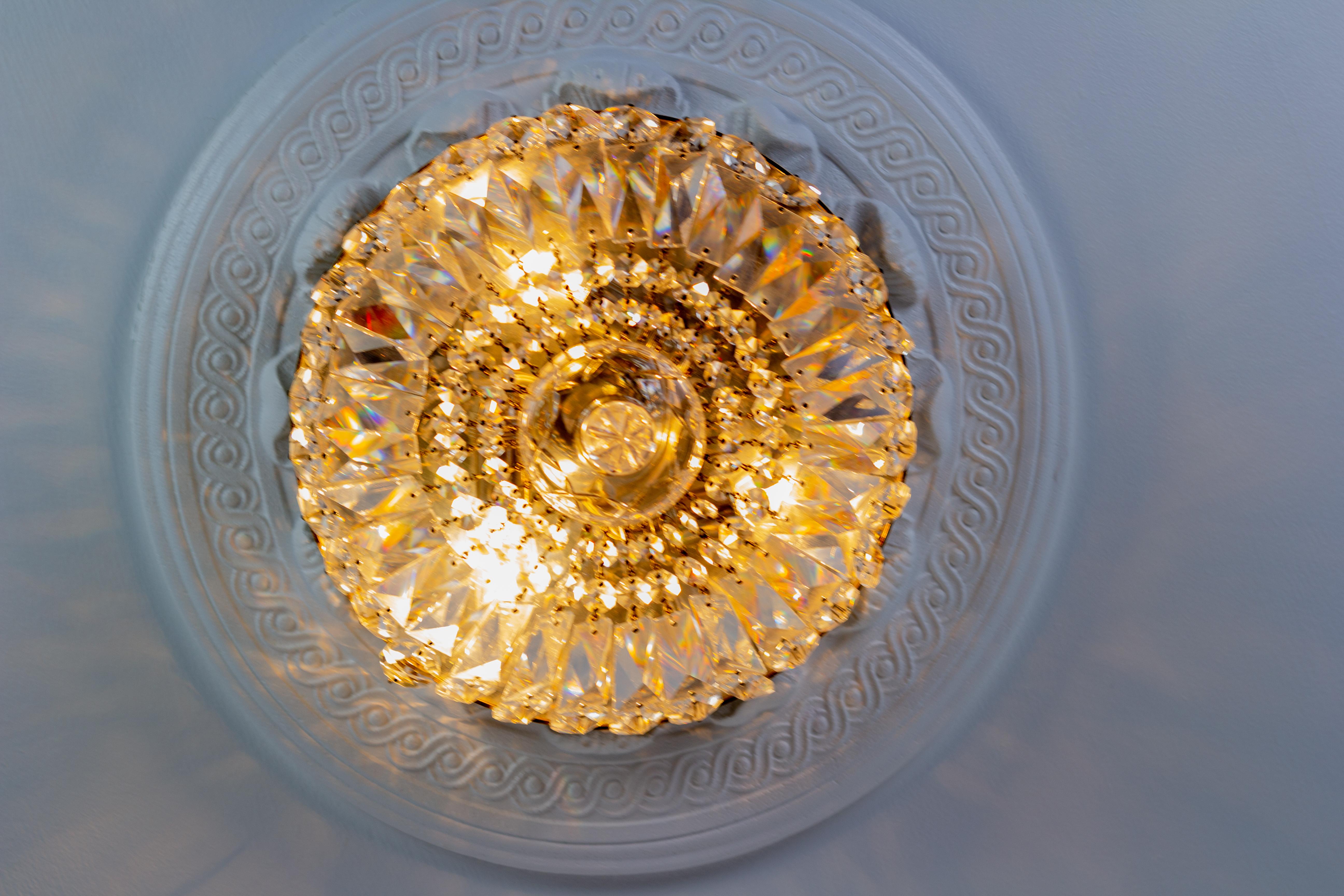 German Mid-century Crystal and Glass Three-Light Basket Flush Mount Ceiling Fixture