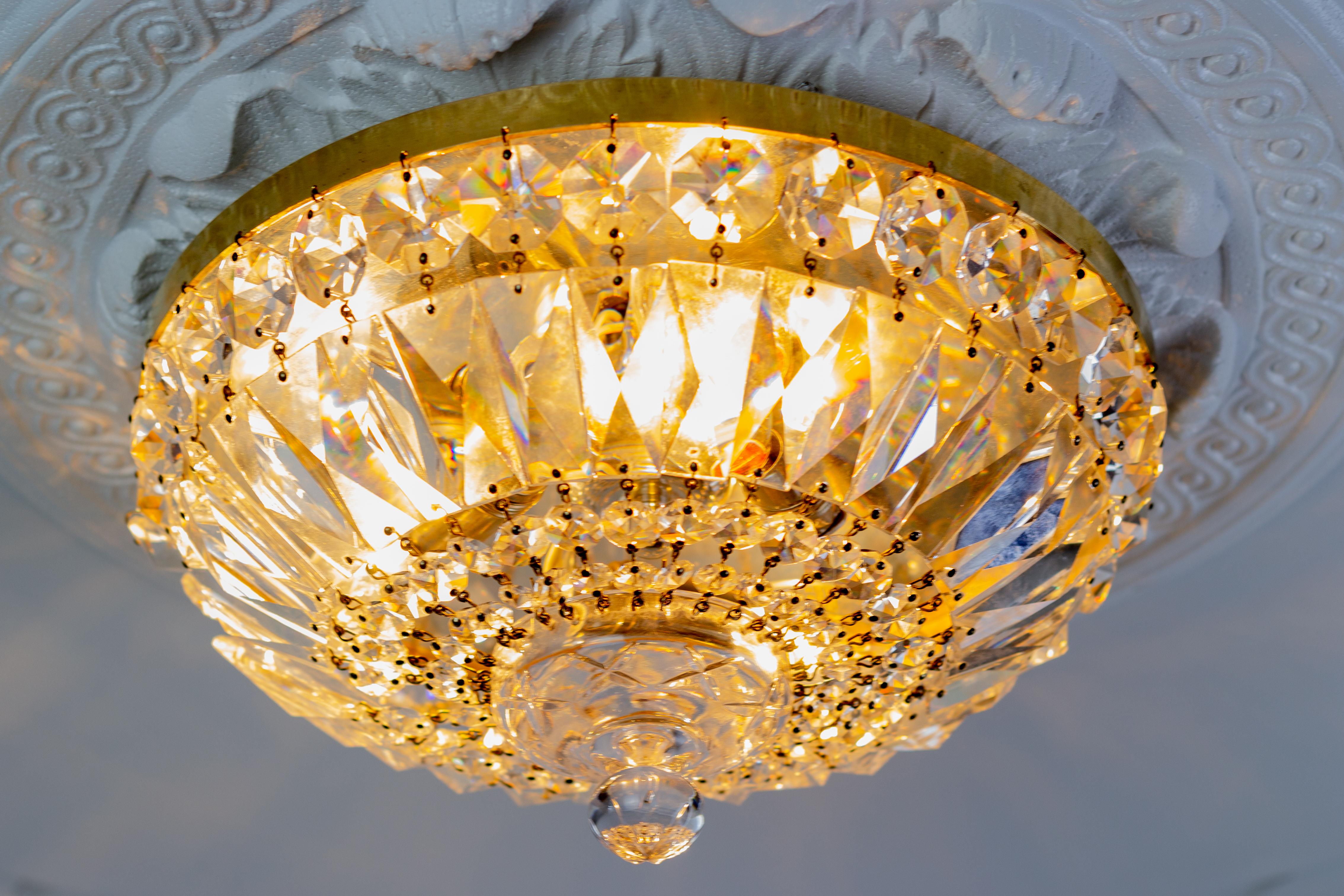 Mid-20th Century Mid-century Crystal and Glass Three-Light Basket Flush Mount Ceiling Fixture