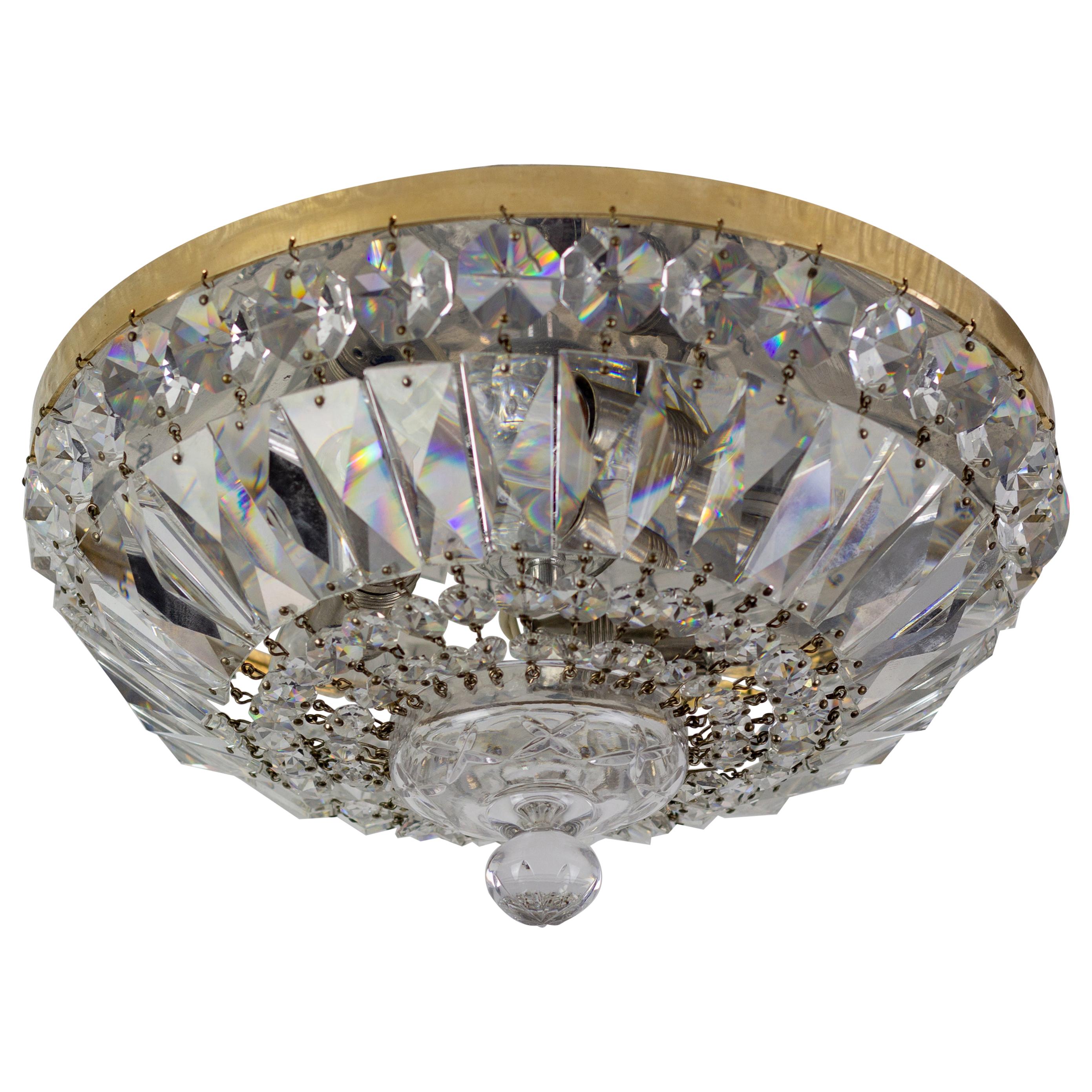 Mid-century Crystal and Glass Three-Light Basket Flush Mount Ceiling Fixture