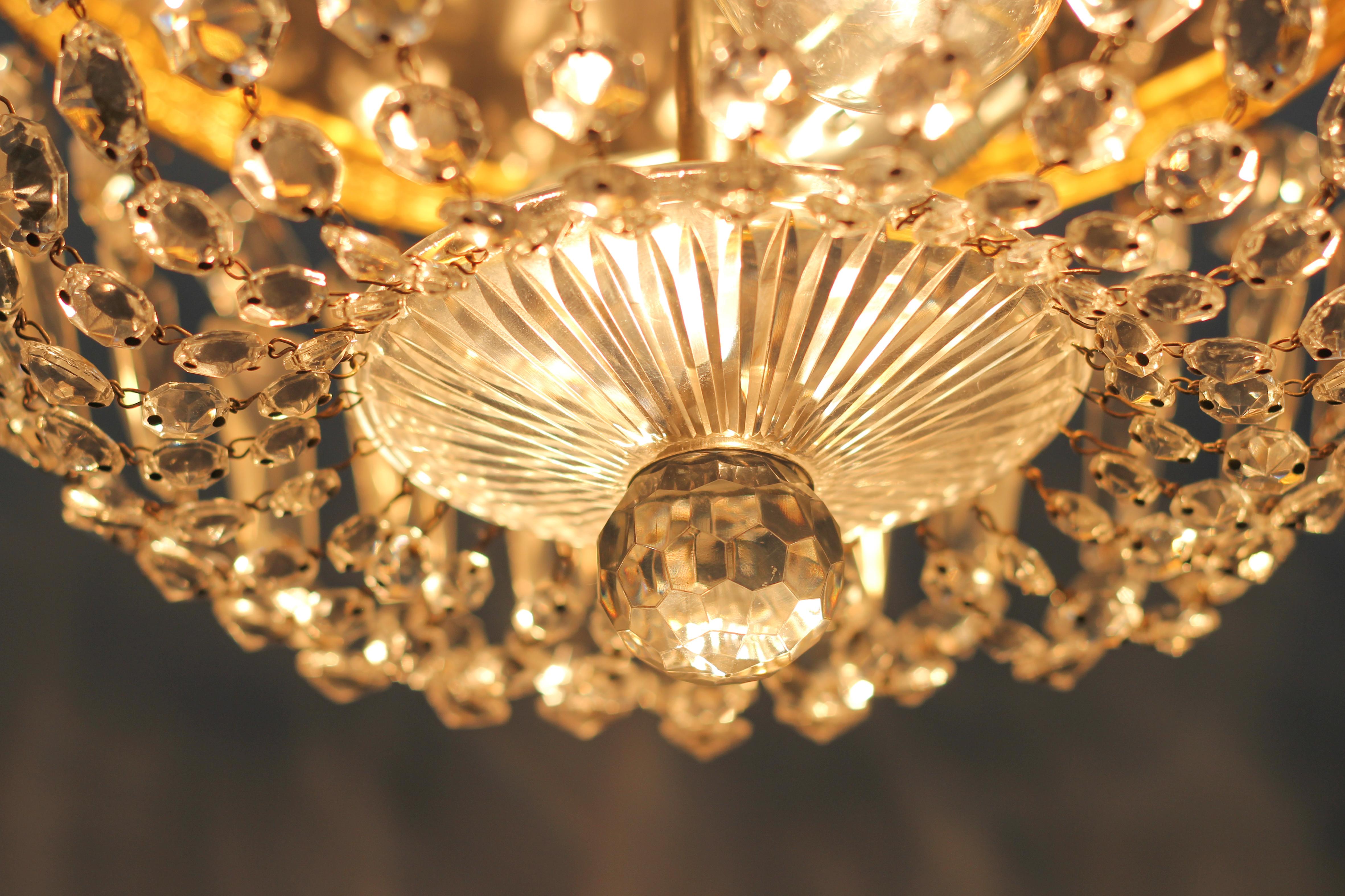 Art Deco Mid-Century Crystal and Glass Two-Light Basket Flush Mount Ceiling Fixture
