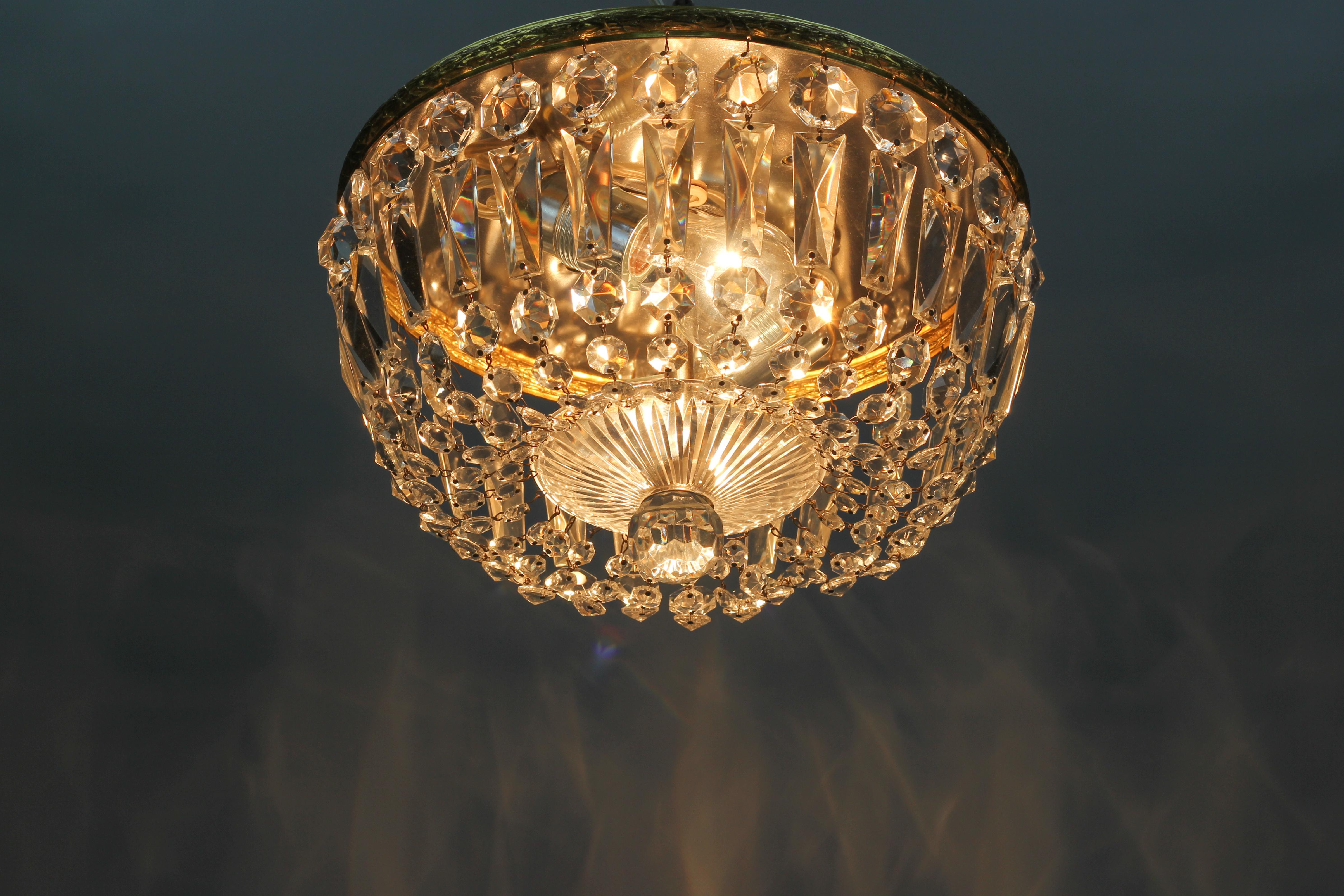German Mid-Century Crystal and Glass Two-Light Basket Flush Mount Ceiling Fixture