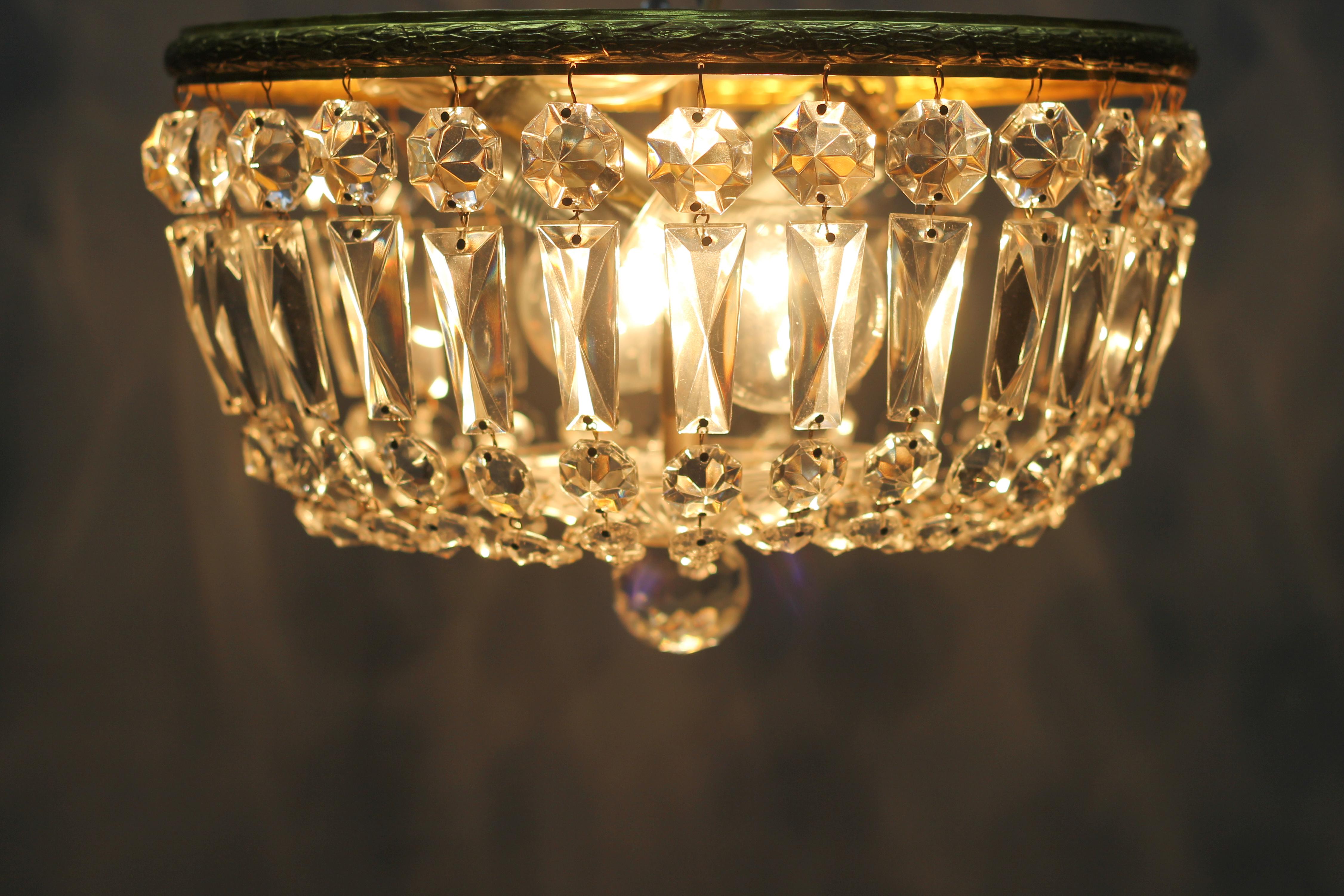 Mid-Century Crystal and Glass Two-Light Basket Flush Mount Ceiling Fixture In Good Condition In Barntrup, DE